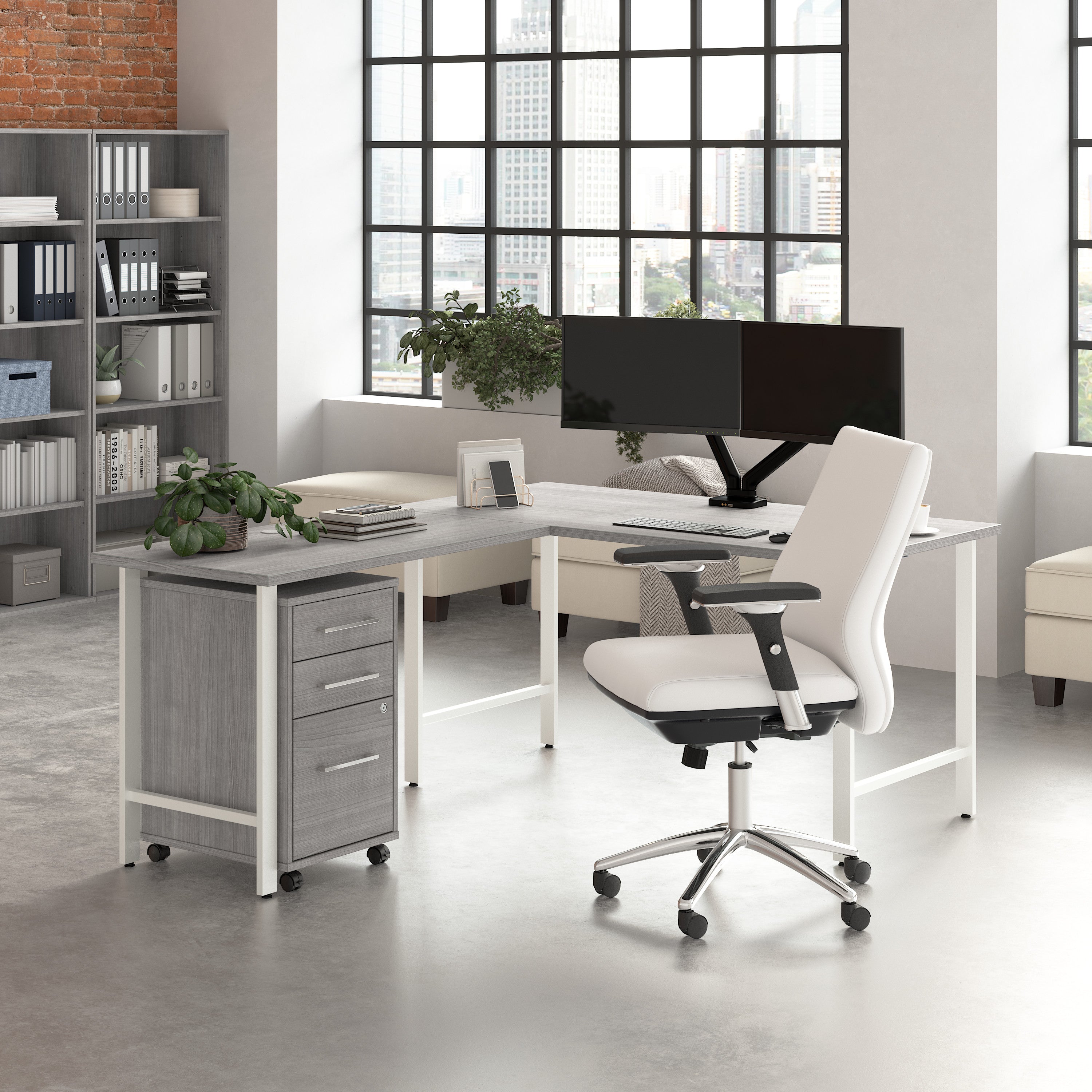 Bush Business Furniture Hustle 60W x 30D L Shaped Computer Desk with 3 Drawer Mobile File Cabinet in Platinum Gray - 59.44" Width x 71.33" Depth x 30.07" Height