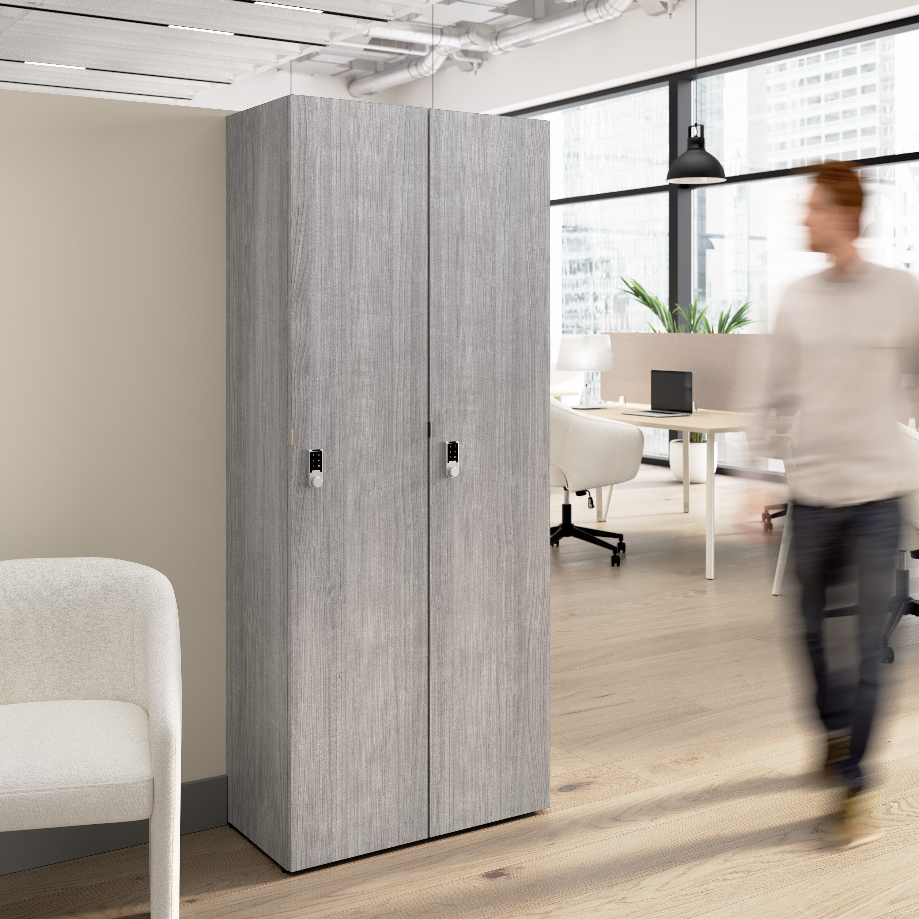 Bush Business Furniture Assure Single Tier 2 Door Storage Locker with Keypad Locks in Platinum Gray - 29.76" Width x 15.35" Depth x 72.15" Height