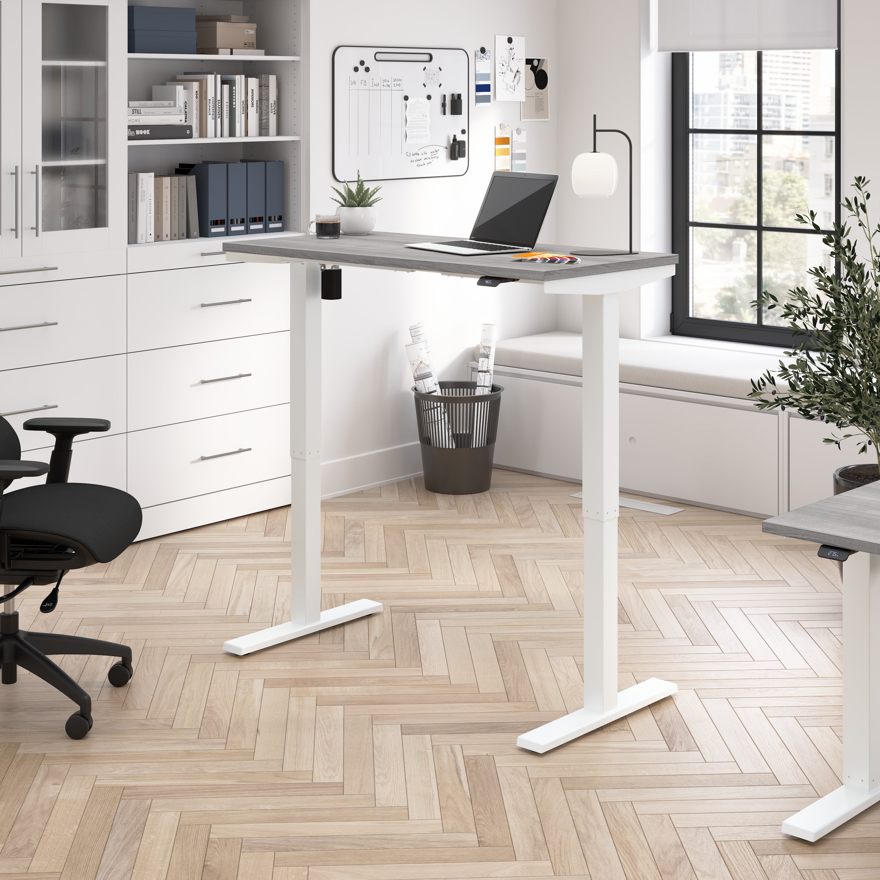 Bush Business Furniture Move 40 Series 48W x 24D Electric Height Adjustable Standing Desk in Platinum Gray with White Base - 47.6" Width x 23.35" Depth x 28.17" Height