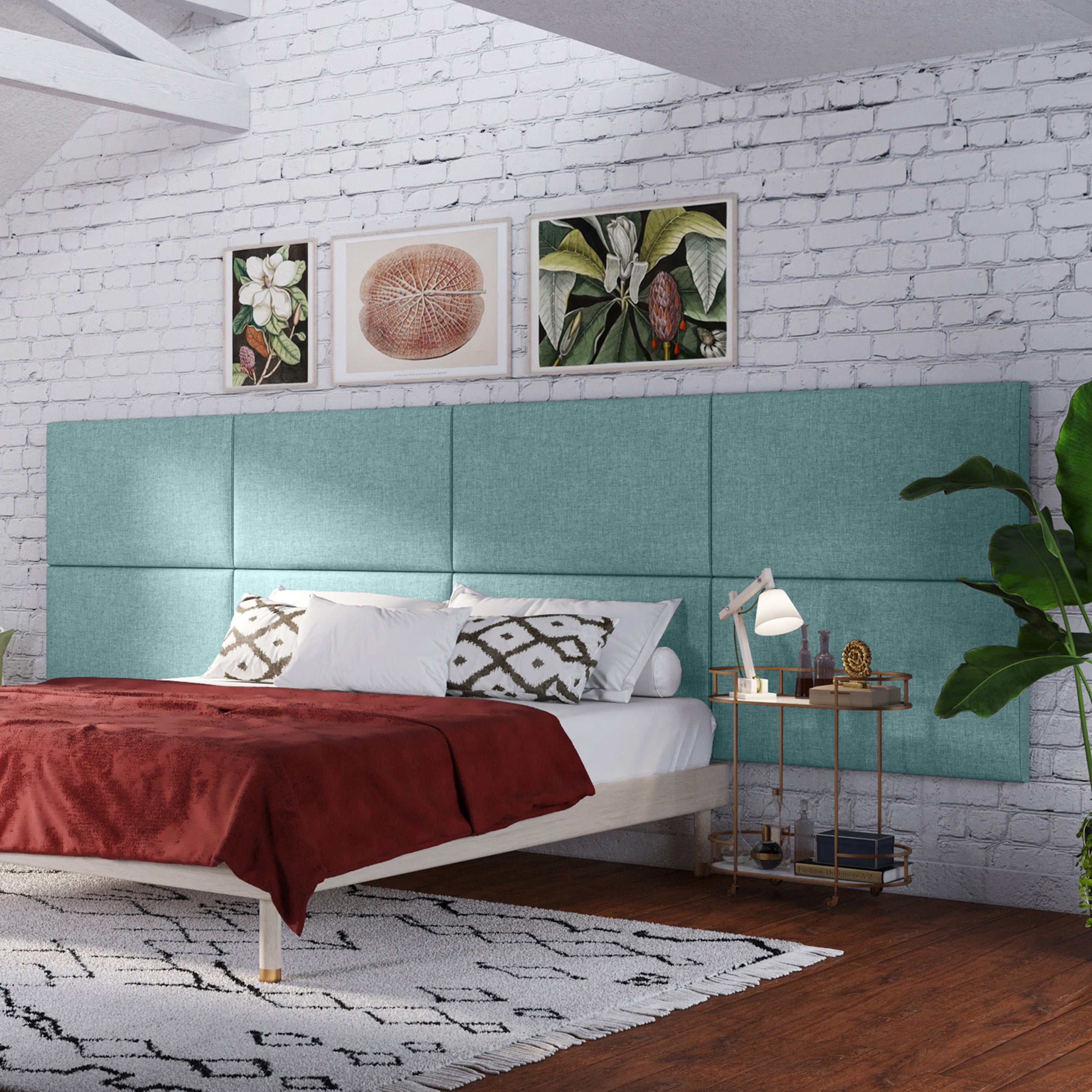 Jaxx Panelist Modern Padded Headboard- Set of 2 Wall Mounted Panels (Each 22.5" x 38")- King Double Tall, Microvelvet Surf Turquoise