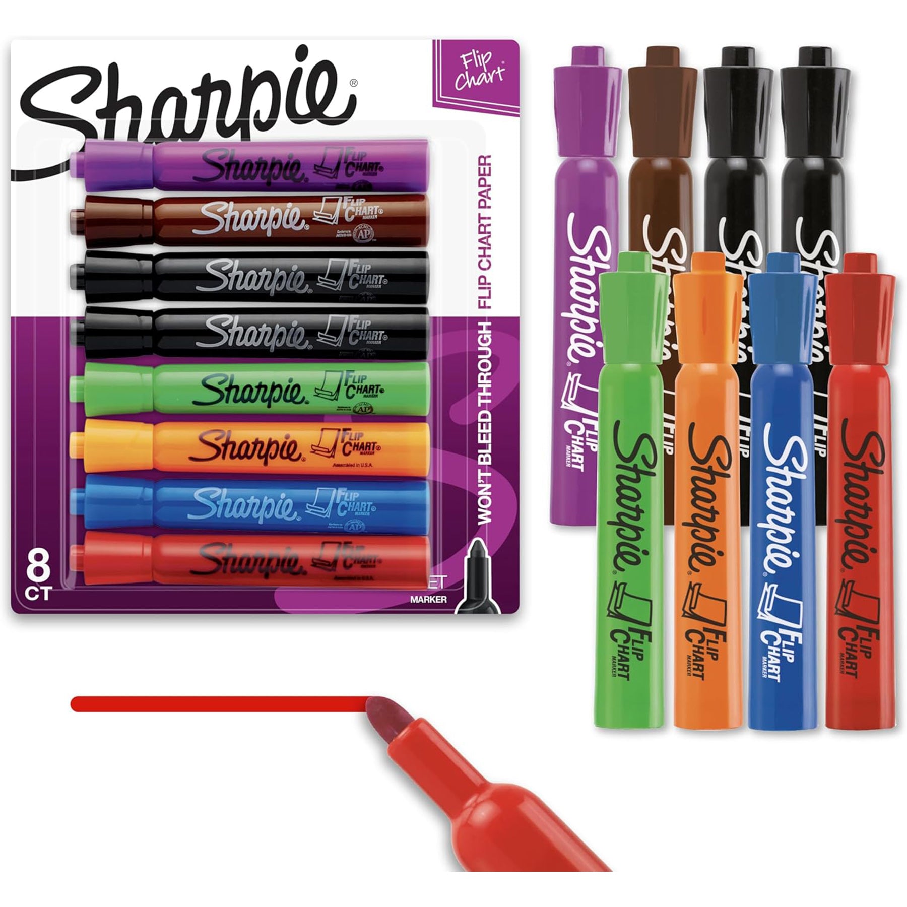 Flip Chart Markers, Bullet Tip, Assorted Colors, 8 Count