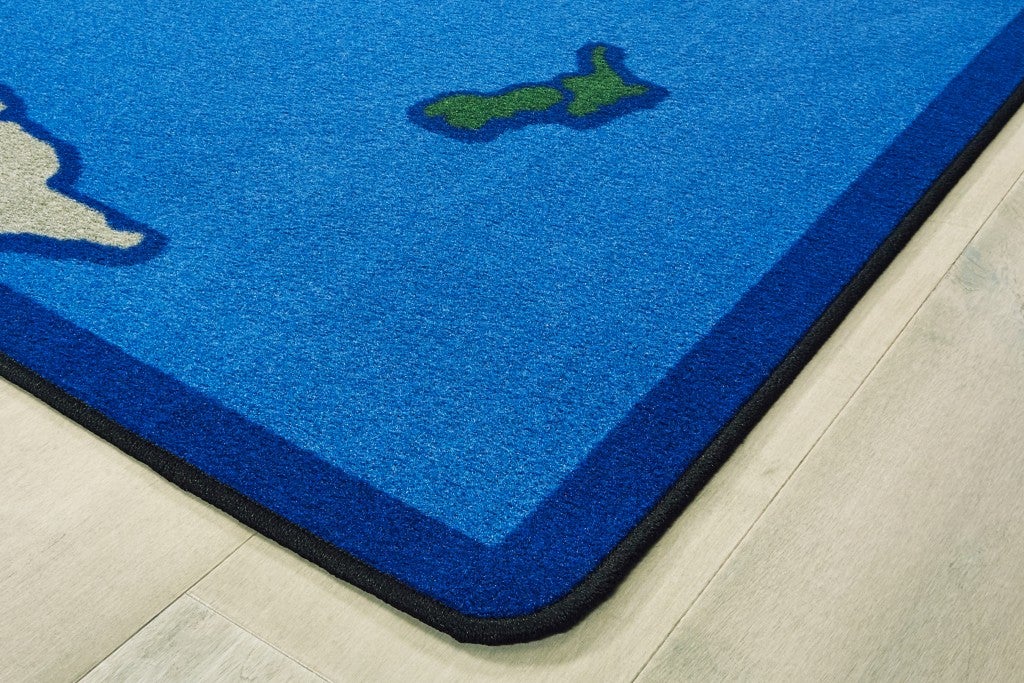 World Map Kids Classroom Rug - 7ft 6in x 12ft - Rectangle - Blue