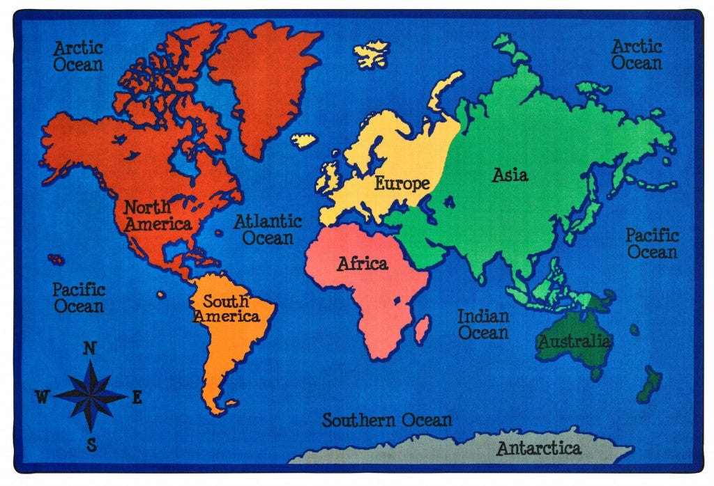 World Map Kids Classroom Rug - 7ft 6in x 12ft - Rectangle - Blue