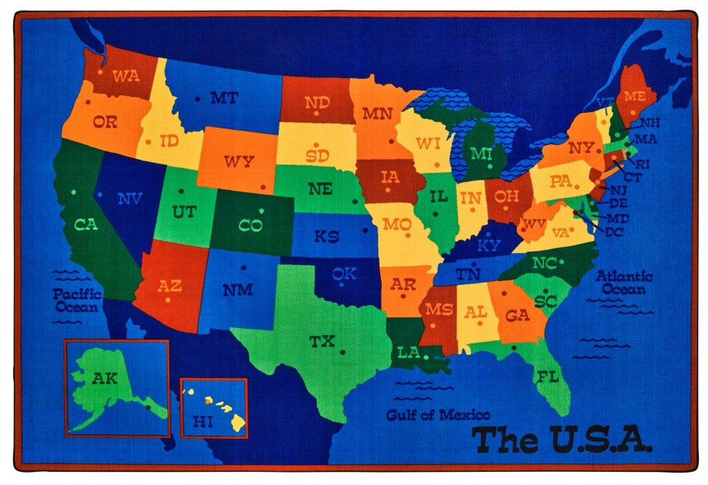 USA Map Kids Classroom Rug - 6ft x 9ft - Rectangle - Blue