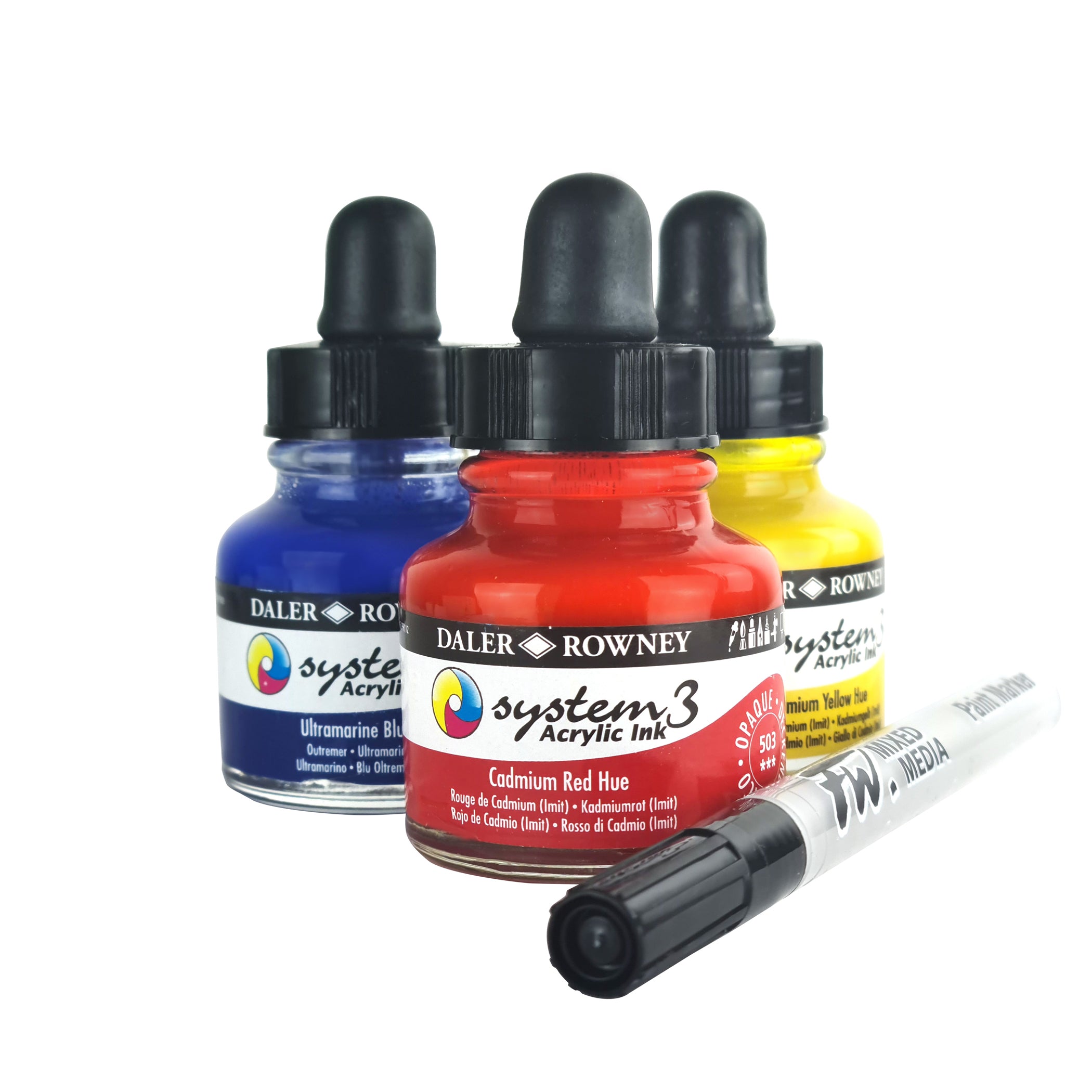 System3 Acrylic Ink Starter Set with Empty Marker, Assorted Colors, 29.5ml, 3 Pieces