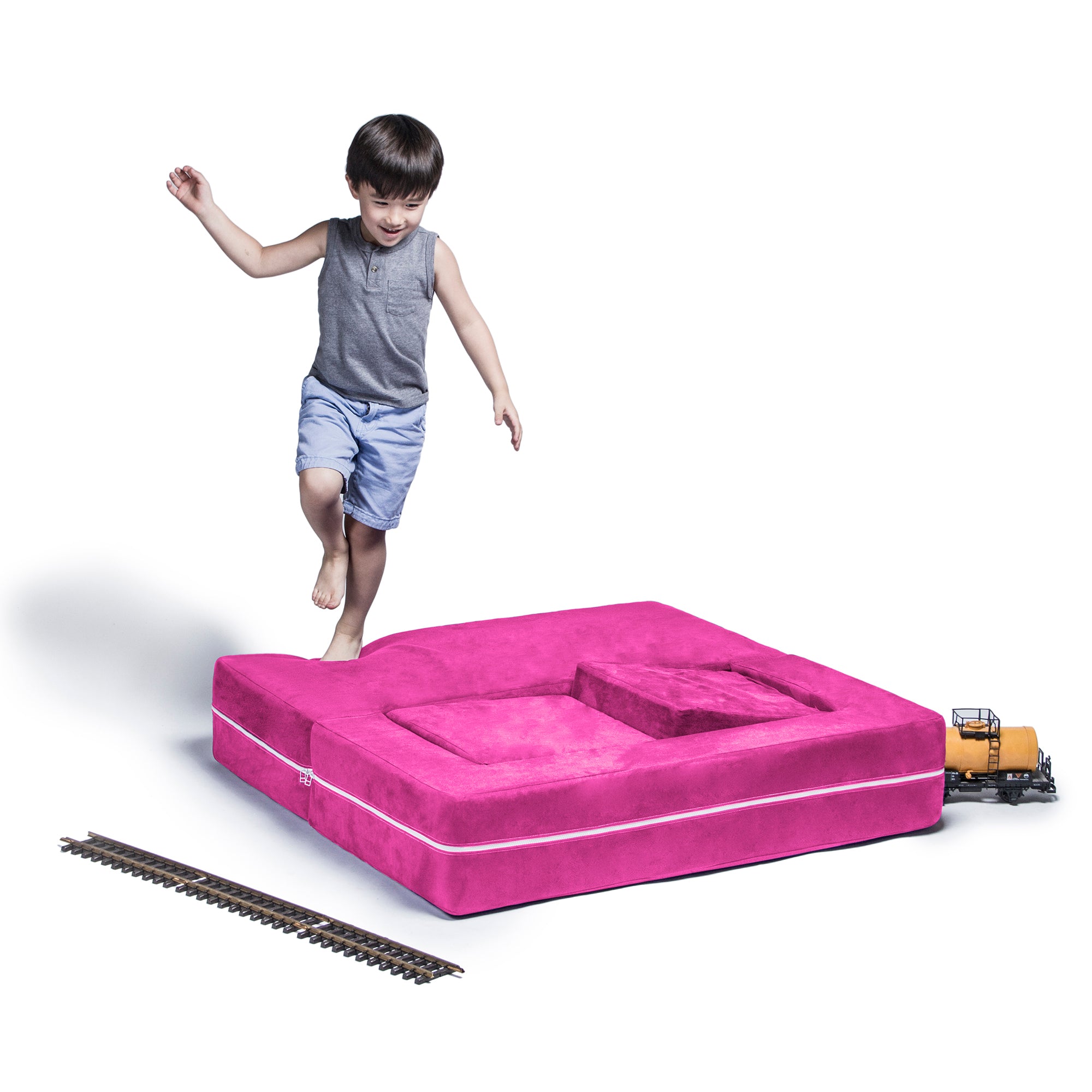 Jaxx Zipline Kids Modular Loveseat & Ottomans, Fold Out Lounger, Fuchsia