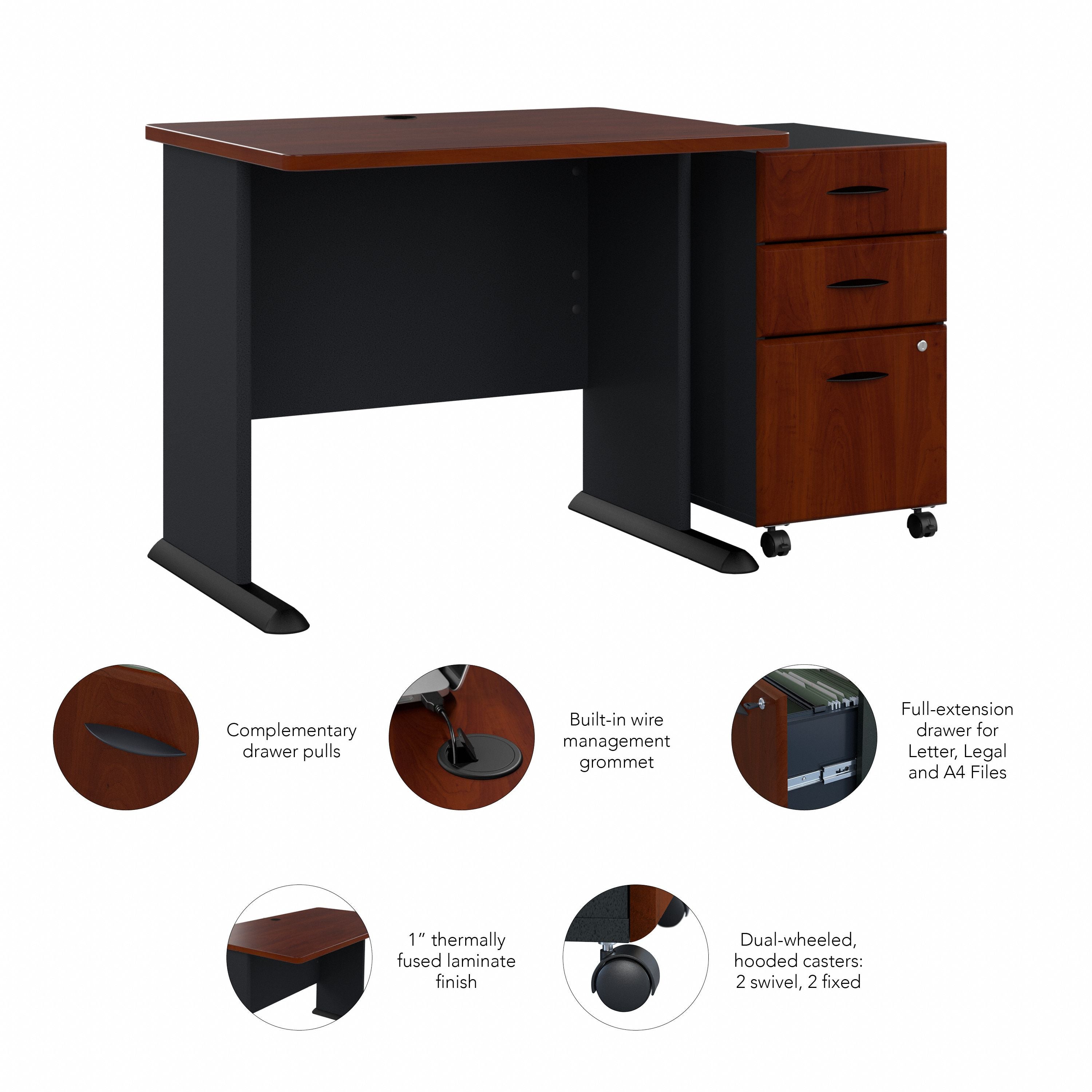 Bush Business Furniture Series A 36W Desk with Mobile File Cabinet in Hansen Cherry and Galaxy - 51.3" Width x 26.81" Depth x 29.66" Height
