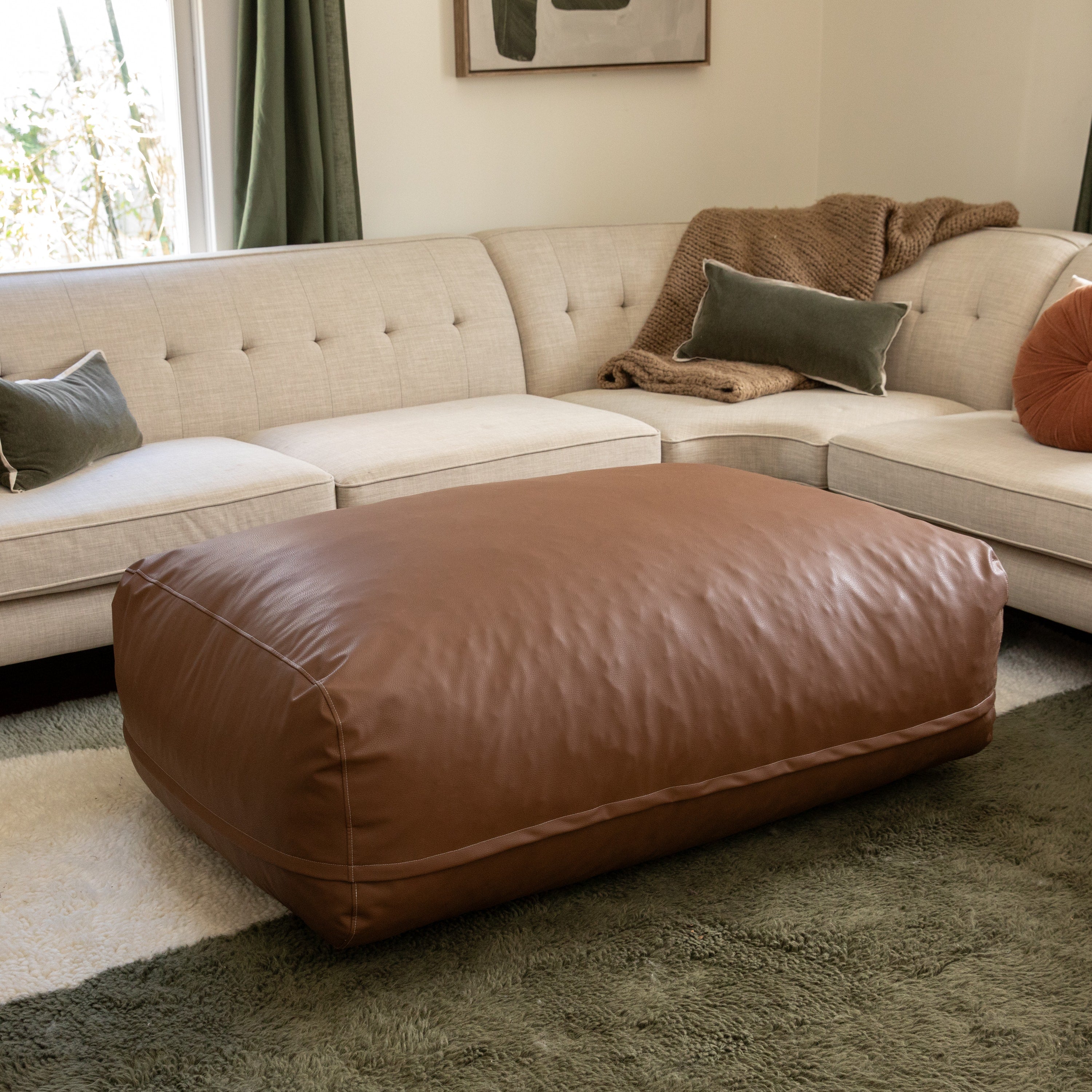 Atrium Collection Lino Ottoman - Oversized Large Couch Ottoman & Foam-Filled Lounger - Faux Leather - Walnut