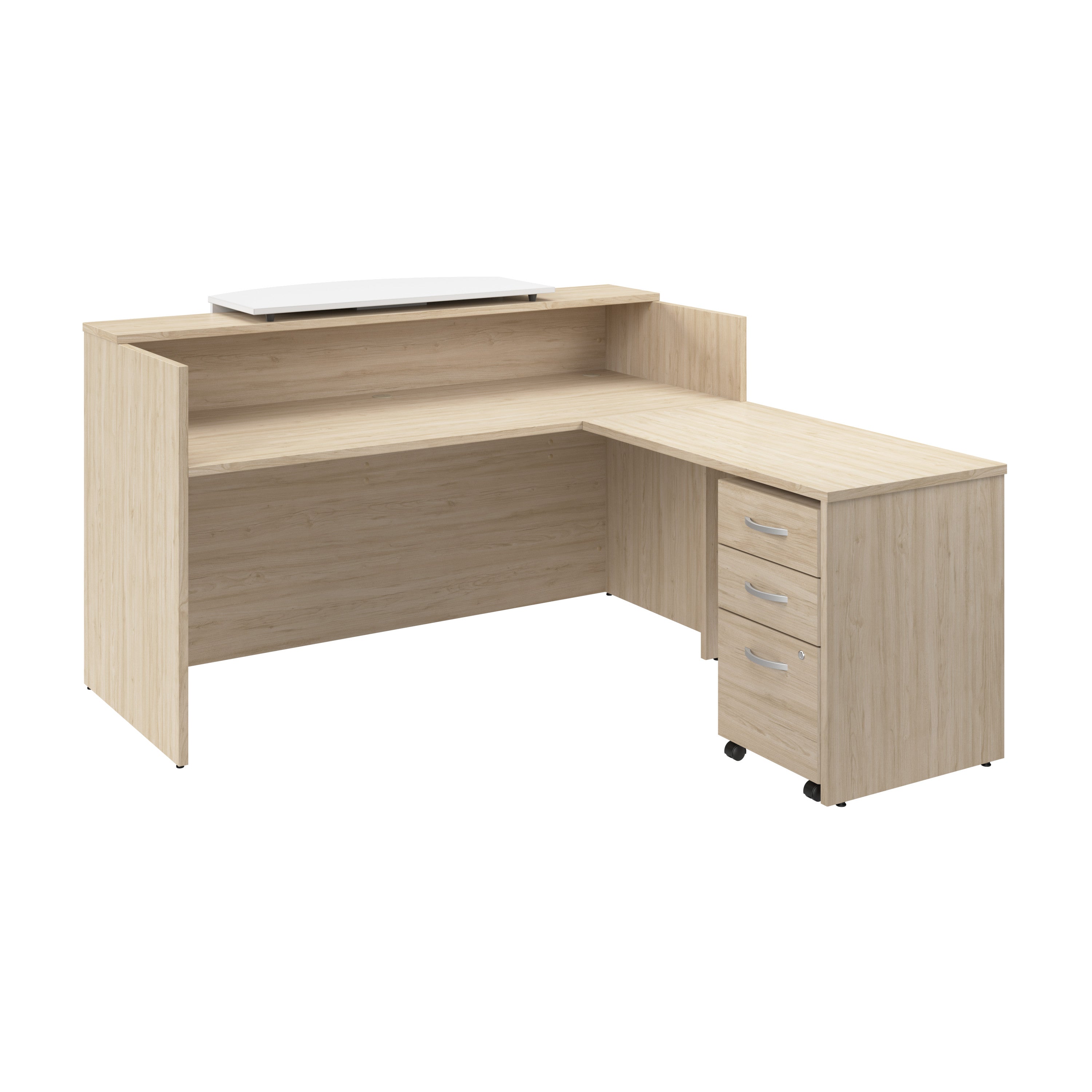 Bush Business Furniture Arrive 72W x 72D L Shaped Reception Desk with Counter and Mobile File Cabinet in Natural Elm - 71.02" Width x 71.14" Depth x 40.35" Height