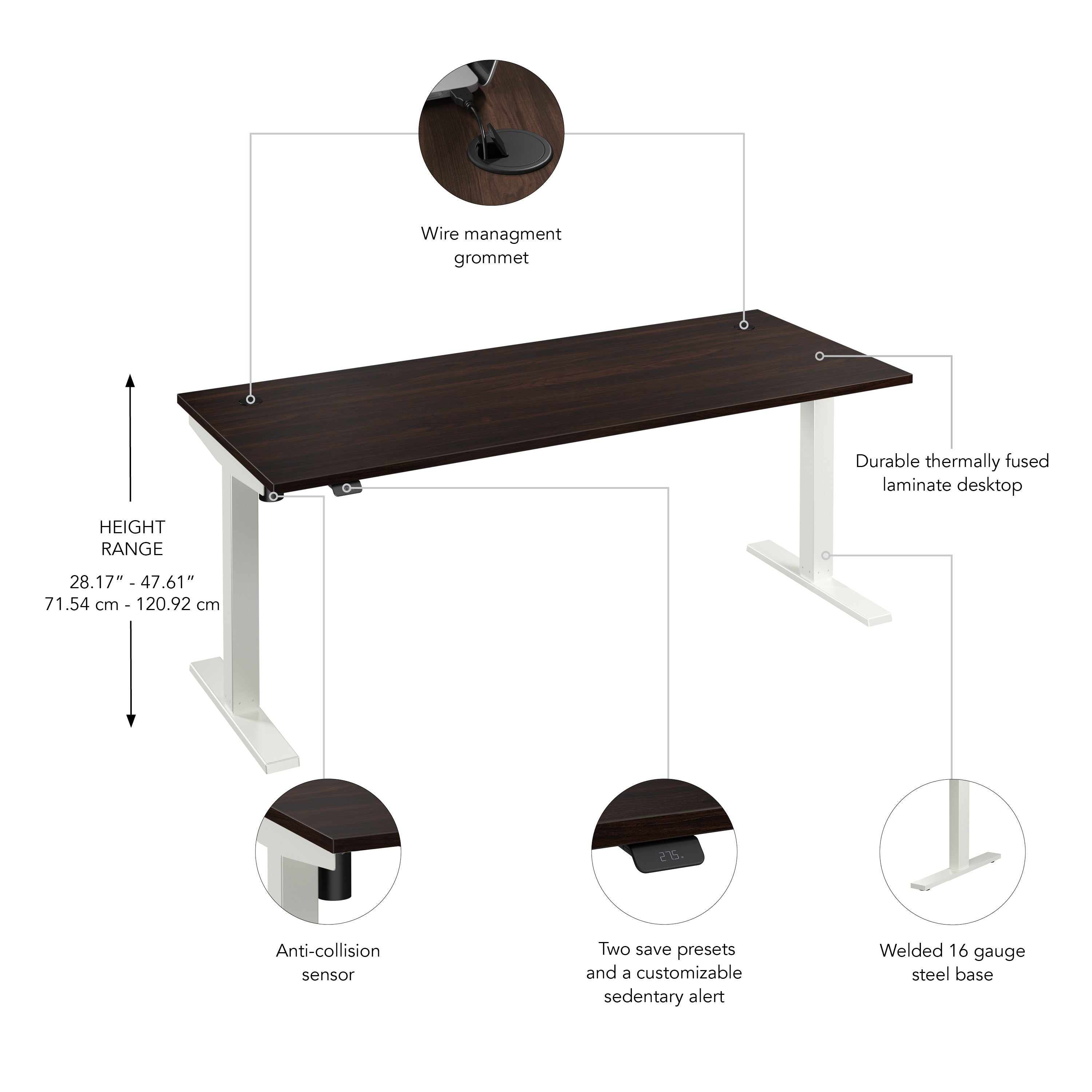 Bush Business Furniture Move 40 Series 72W x 30D Electric Height Adjustable Standing Desk in Black Walnut with White Base - 71.02" Width x 29.37" Depth x 28.17" Height