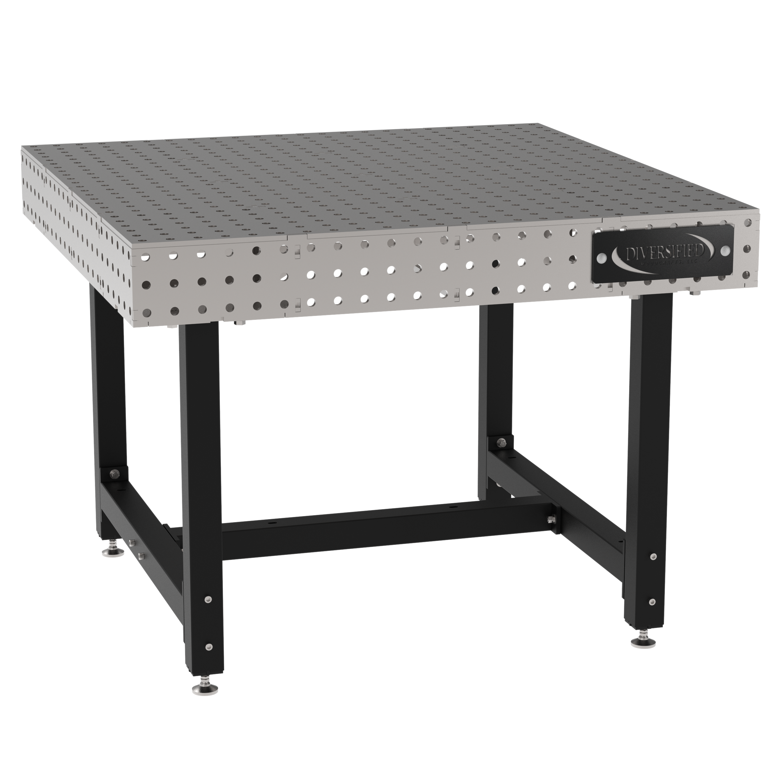 Welding Fixture Table, Fixed Height, 36"H x 48"L x 48"D, 1/4" Carbon Steel Top, Four Black Powdercoat Legs, Self-Leveling Feet