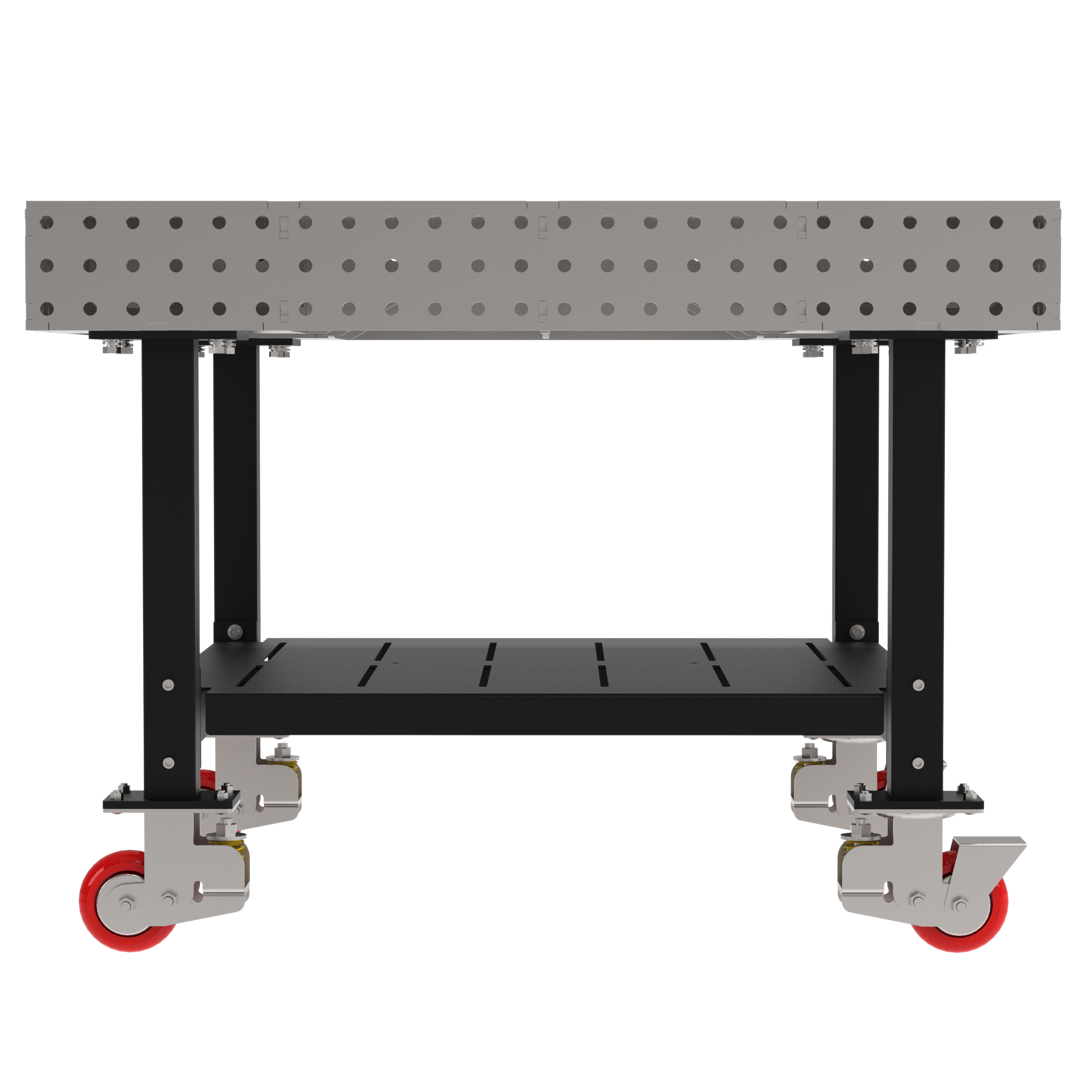 Welding Fixture Table, Fixed Height, 36"H x 48"L x 48"D, 1/4" Carbon Steel Top, Four Black Powdercoat Legs, Shelf, 4 Heavy Duty Suspension Casters (2 Locking/Swiveling Casters and 2 Non-Locking/Non-SwivelingCasters)