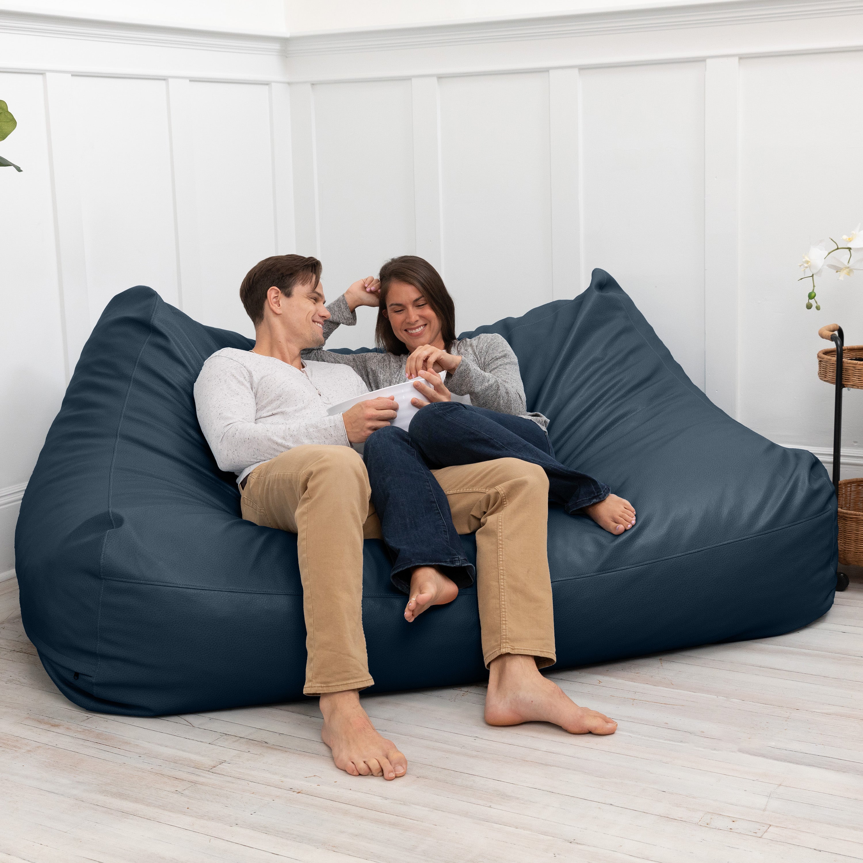 Atrium Collection Lozia Loveseat - Large Foam Bean Bag Sofa for Home Theaters, Offices, Schools, Reception & Waiting Rooms - Faux-Leather - Oxford Blue