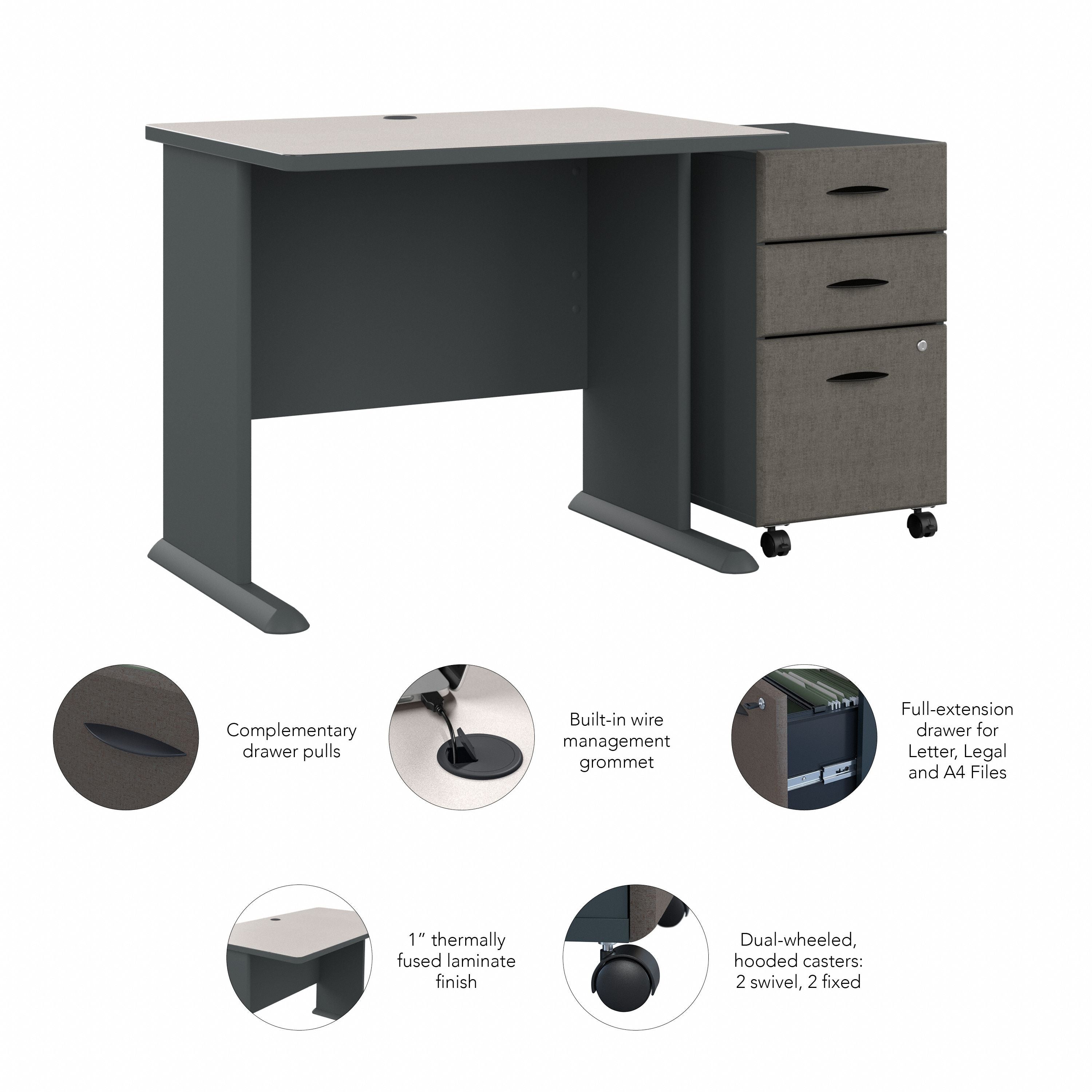 Bush Business Furniture Series A 36W Desk with Mobile File Cabinet in Slate and White Spectrum - 51.3" Width x 26.81" Depth x 29.66" Height