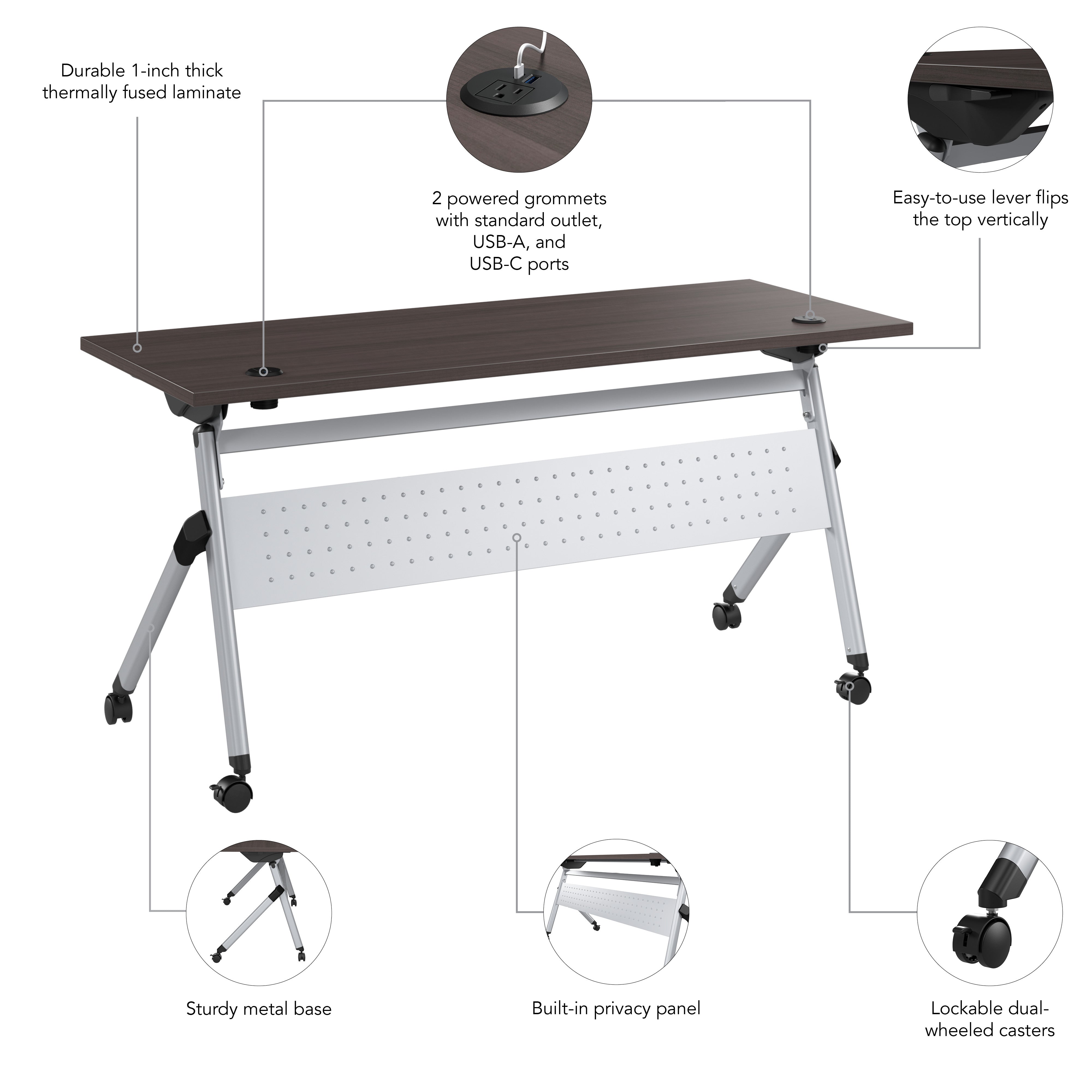 Bush Business Furniture Envision 60W Folding Training Table with Powered Grommets in Storm Gray - 59.45" Width x 23.54" Depth x 29.62" Height