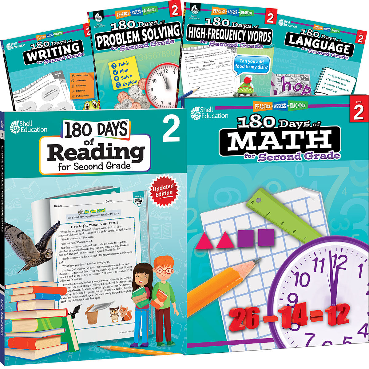 180 Days™: Reading, High-Frequency Words, Math, Problem Solving, Writing, & Language for Grade 2: 6-Book Set, Practice, Assess, Diagnose