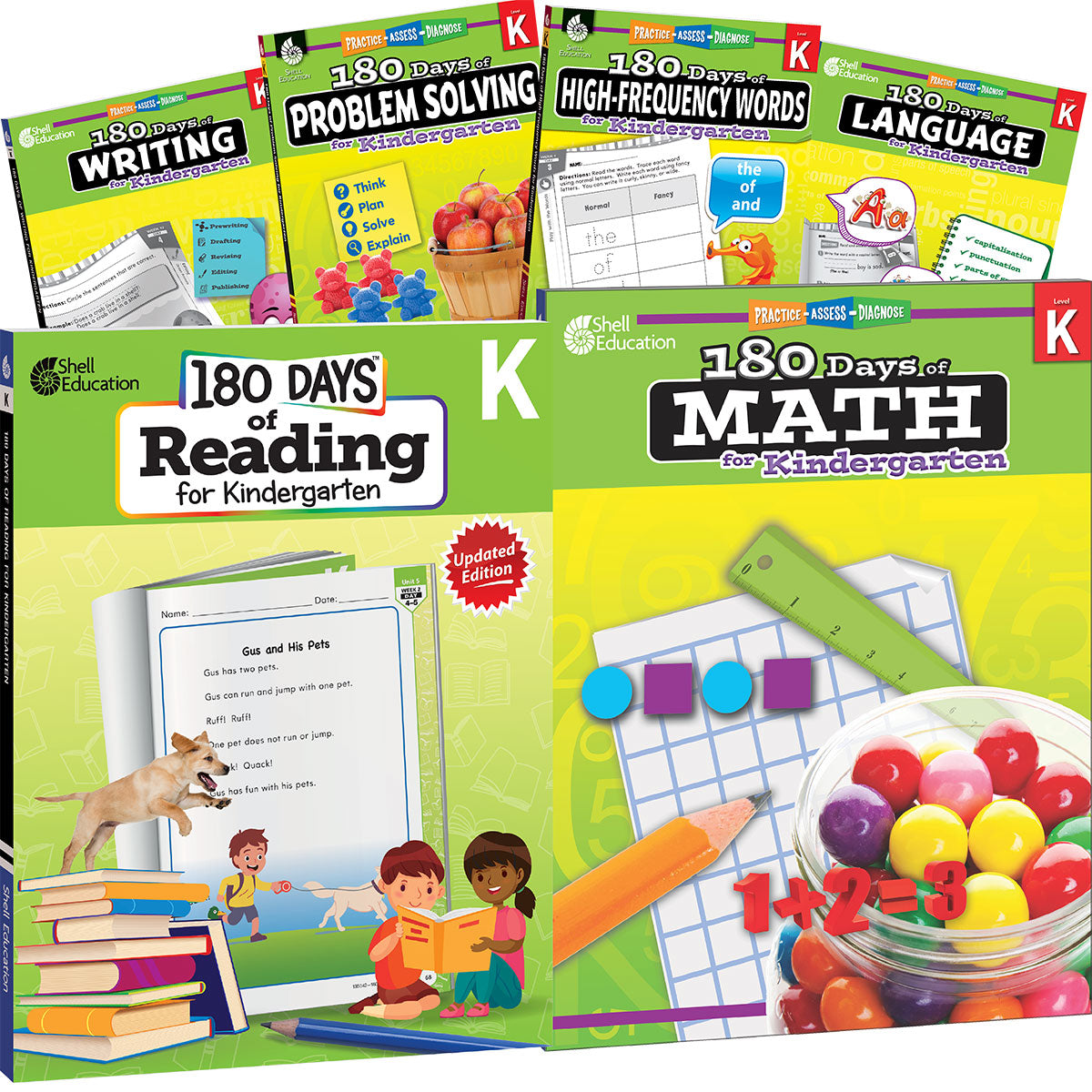 180 Days™: Reading, High-Frequency Words, Math, Problem Solving, Writing, & Language for Grade K: 6-Book Set, Practice, Assess, Diagnose