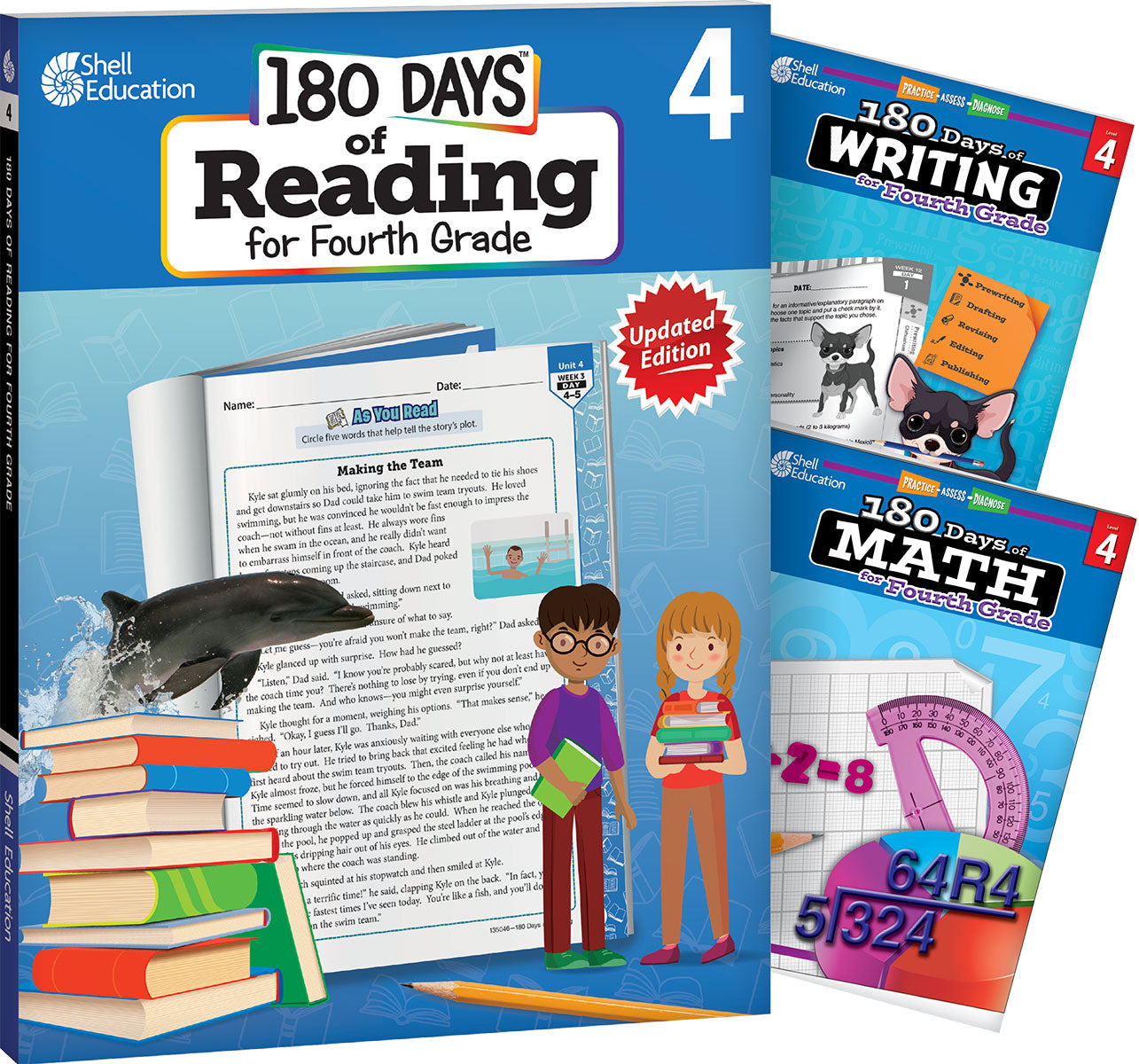 180 Days™: Reading, Writing and Math for Grade 4: 3-Book Set, Practice, Assess, Diagnose