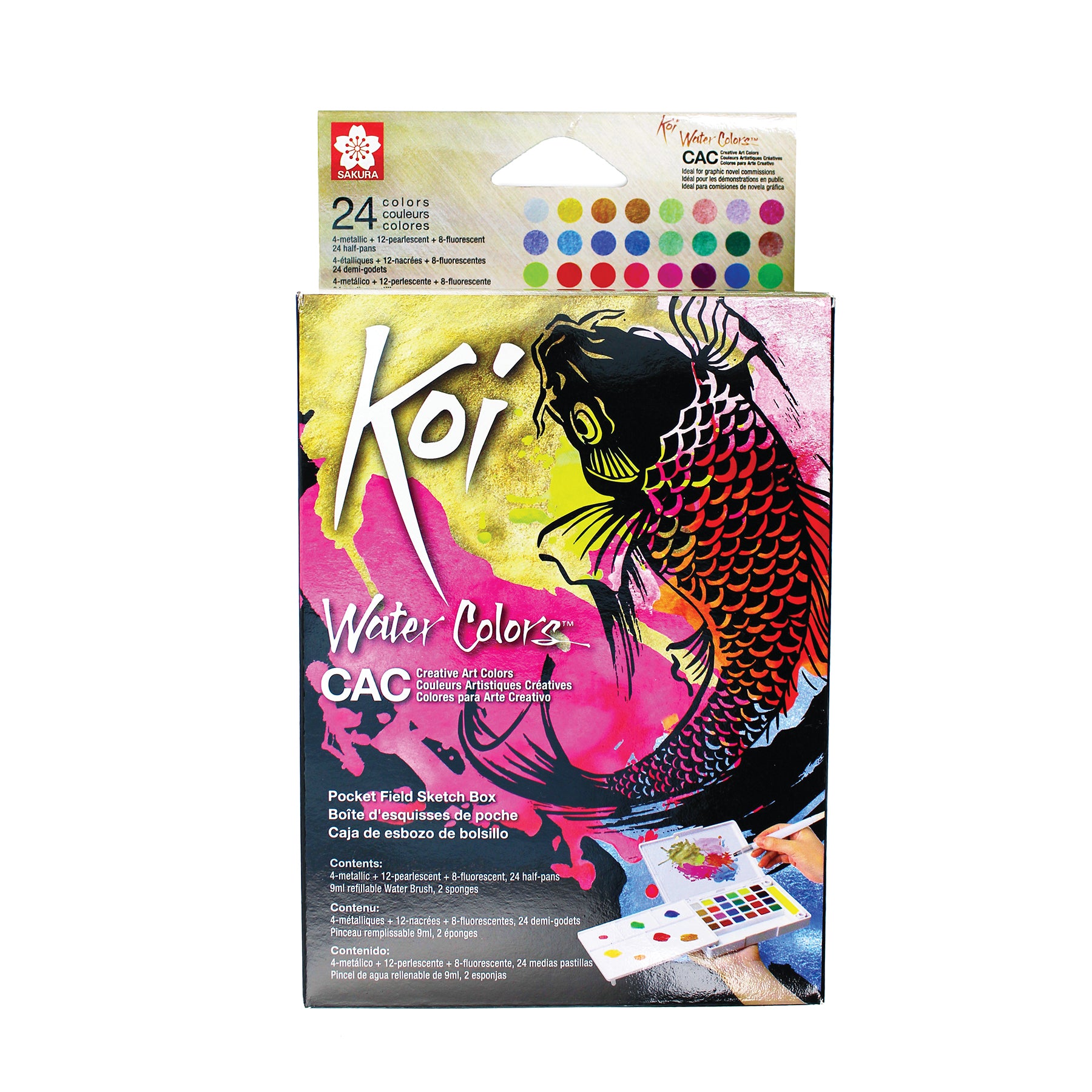 Koi Water Colors Field Sketch Box with Brush, 24 Creative Art Colors