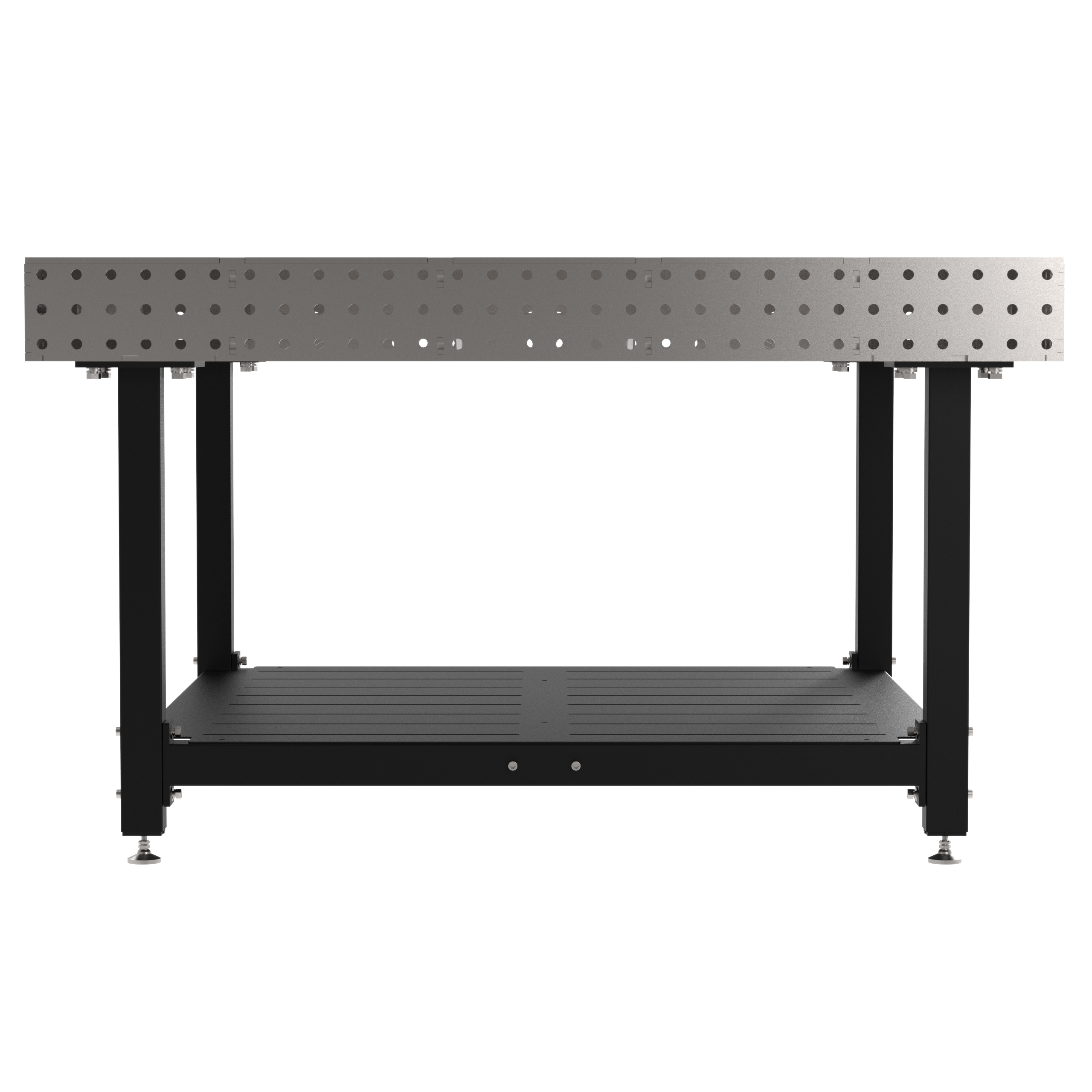 Welding Fixture Table, Fixed Height, 36"H x 60"L x 60"D, 1/4" Carbon Steel Top, Four Black Powdercoat Legs, Shelf, Self-Leveling Feet