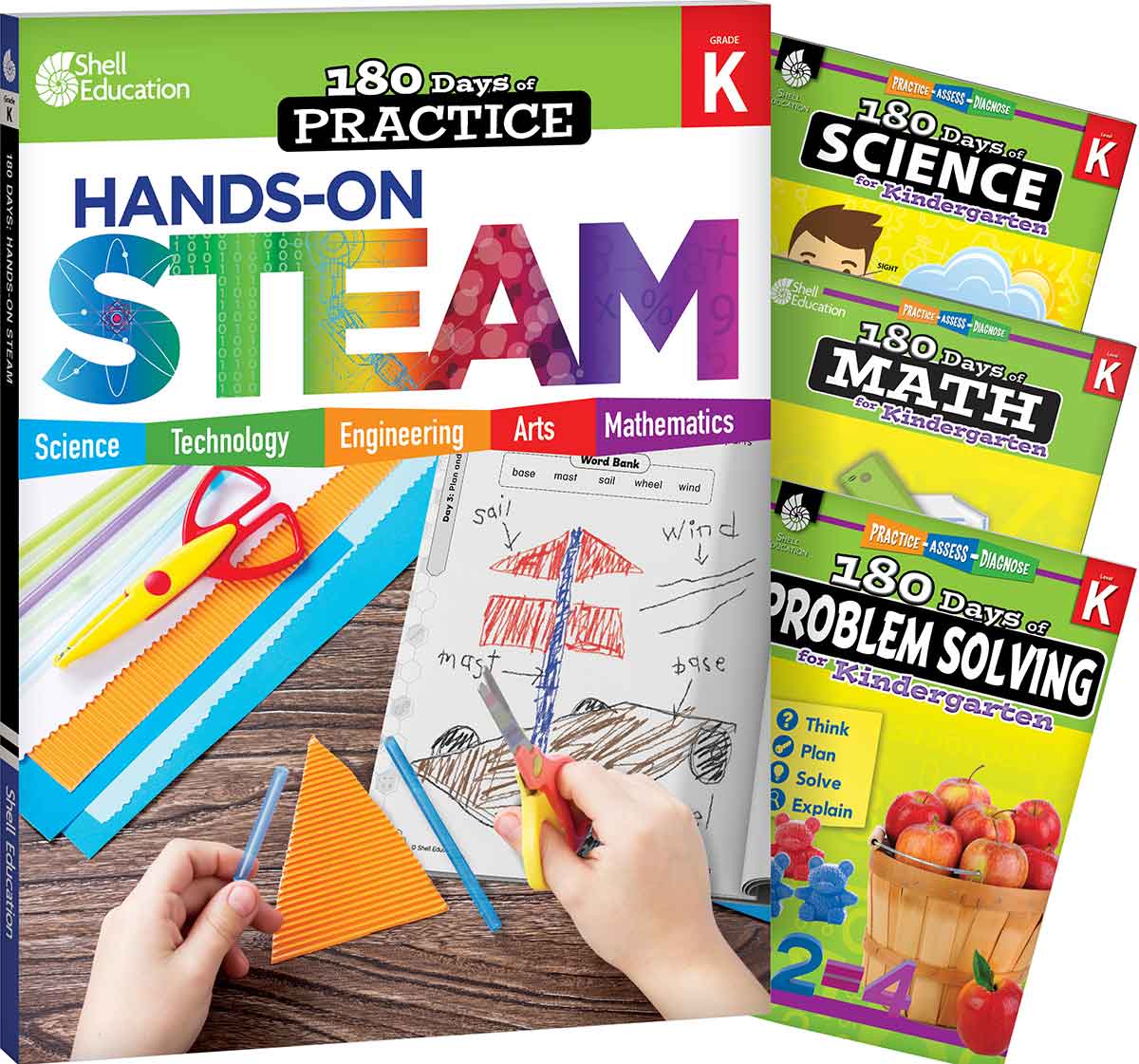 180 Days™: STEAM, Science, Math, & Problem Solving Grade K: 4-Book Set, Practice, Assess, Diagnose