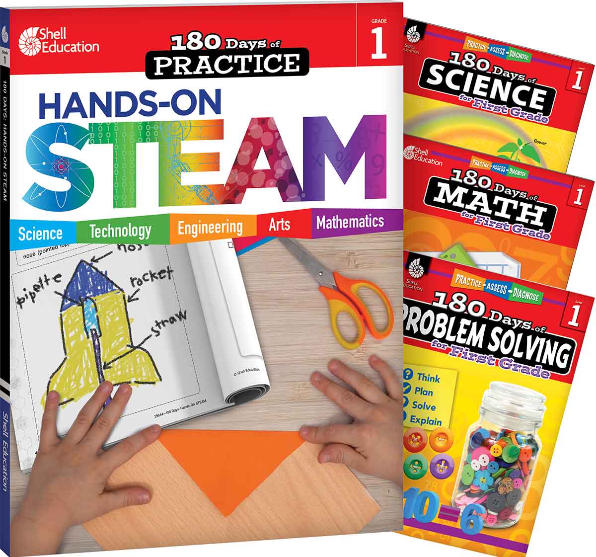 180 Days™: STEAM, Science, Math, & Problem Solving Grade 1: 4-Book Set, Practice, Assess, Diagnose