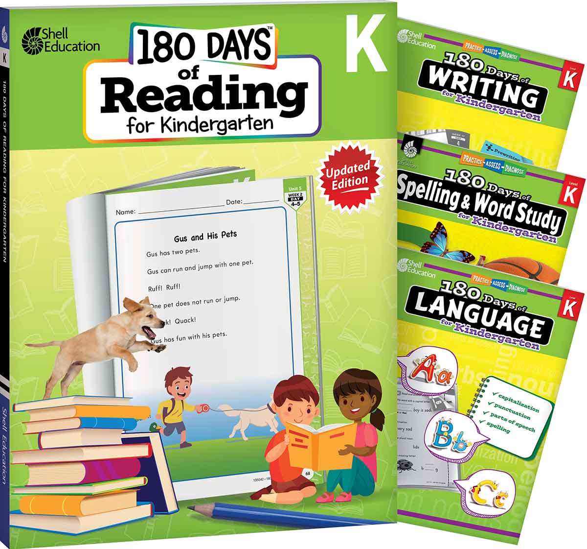 180 Days™: Reading 2nd Ed, Writing, Spelling, & Language Grade K: 4-Book Set, Practice, Assess, Diagnose