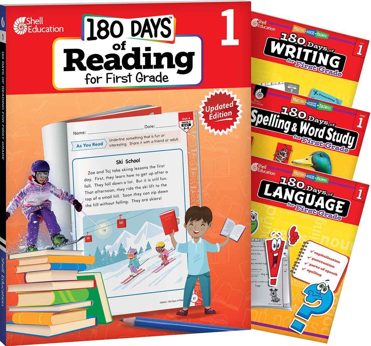 180 Days™: Reading 2nd Ed, Writing, Spelling, & Language Grade 1: 4-Book Set, Practice, Assess, Diagnose