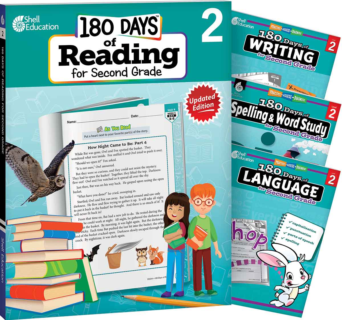 180 Days™: Reading 2nd Ed, Writing, Spelling, & Language Grade 2: 4-Book Set, Practice, Assess, Diagnose
