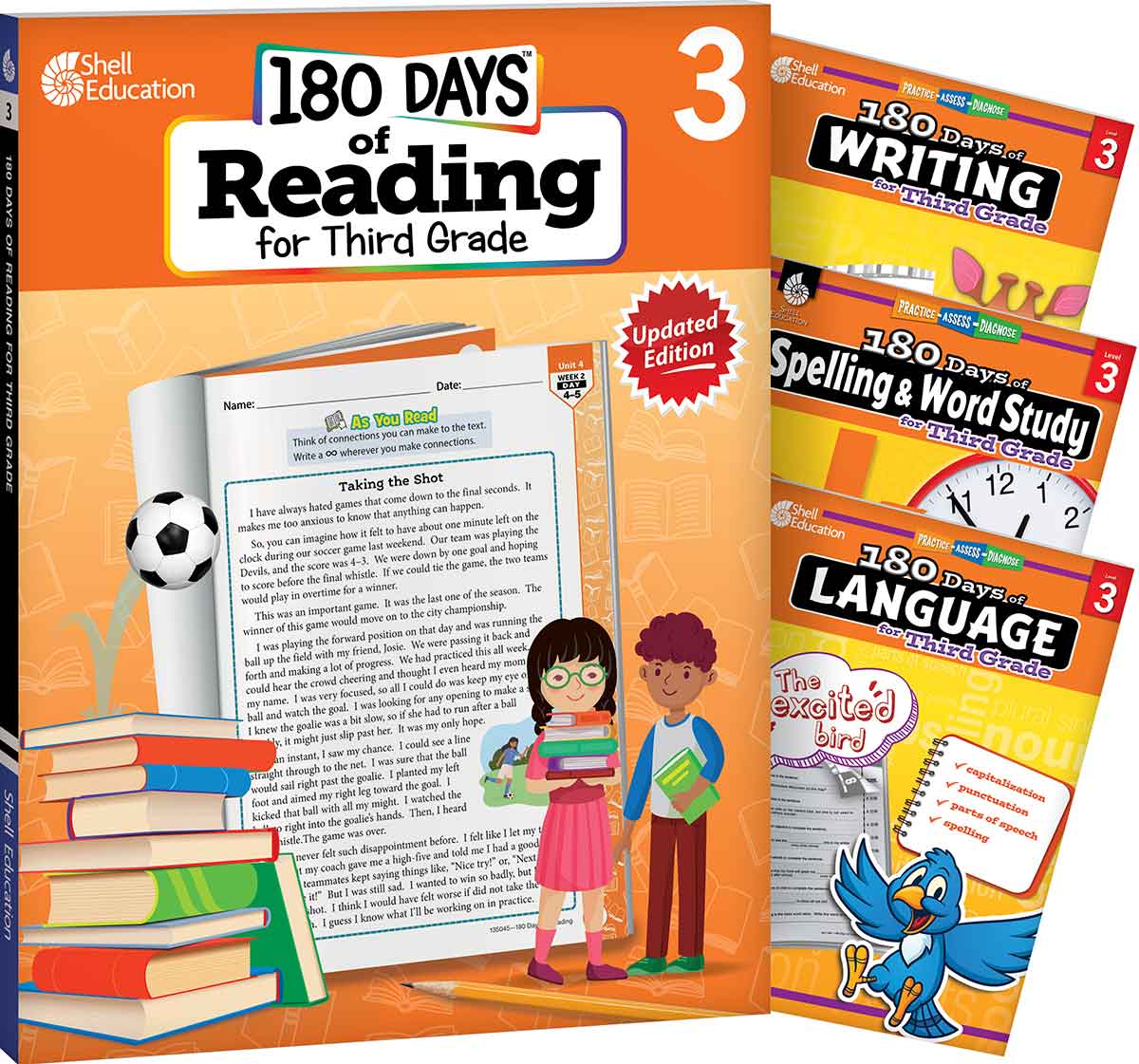 180 Days™: Reading 2nd Ed, Writing, Spelling, & Language Grade 3: 4-Book Set, Practice, Assess, Diagnose