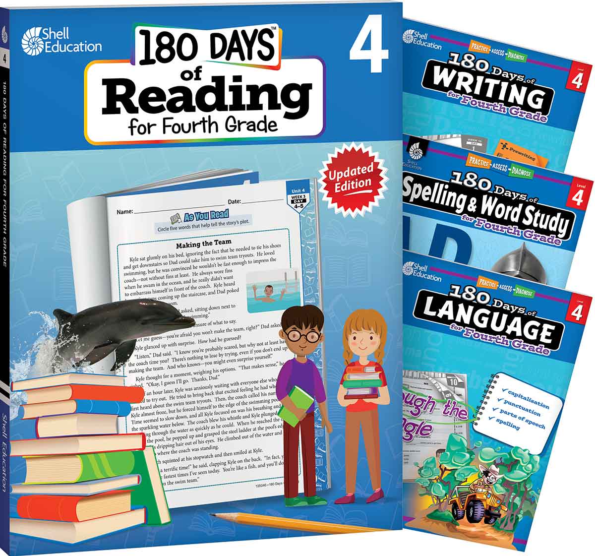 180 Days™: Reading 2nd Ed, Writing, Spelling, & Language Grade 4: 4-Book Set, Practice, Assess, Diagnose