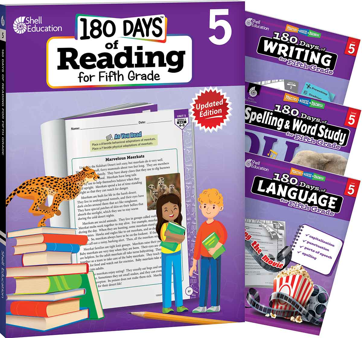 180 Days™: Reading 2nd Ed, Writing, Spelling, & Language Grade 5: 4-Book Set, Practice, Assess, Diagnose