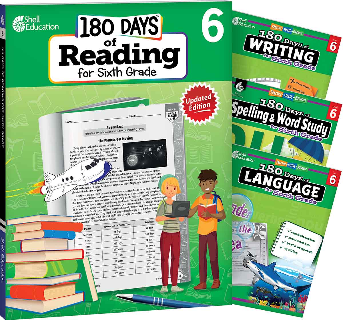 180 Days™: Reading 2nd Ed, Writing, Spelling, & Language Grade 6: 4-Book Set, Practice, Assess, Diagnose