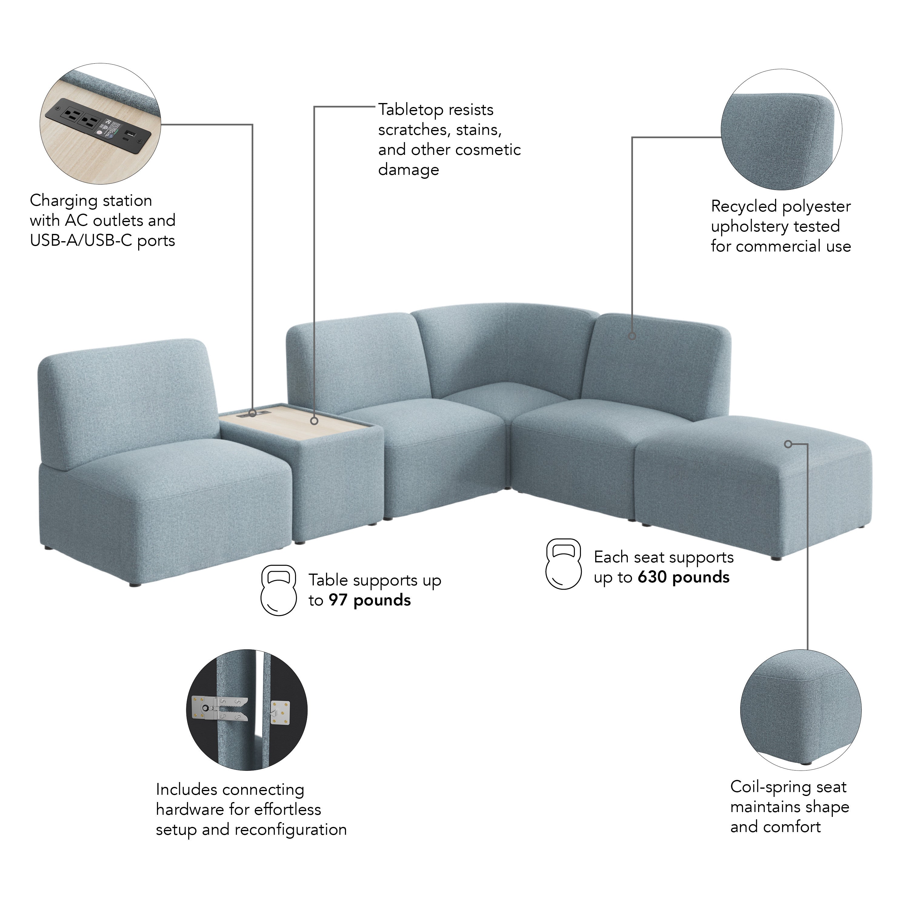 Bush Business Furniture Assemble Modular 5 Seater L Shaped Sectional with Charging Station in Mist Fabric - 100.6" Width x 89.76" Depth x 29.92" Height