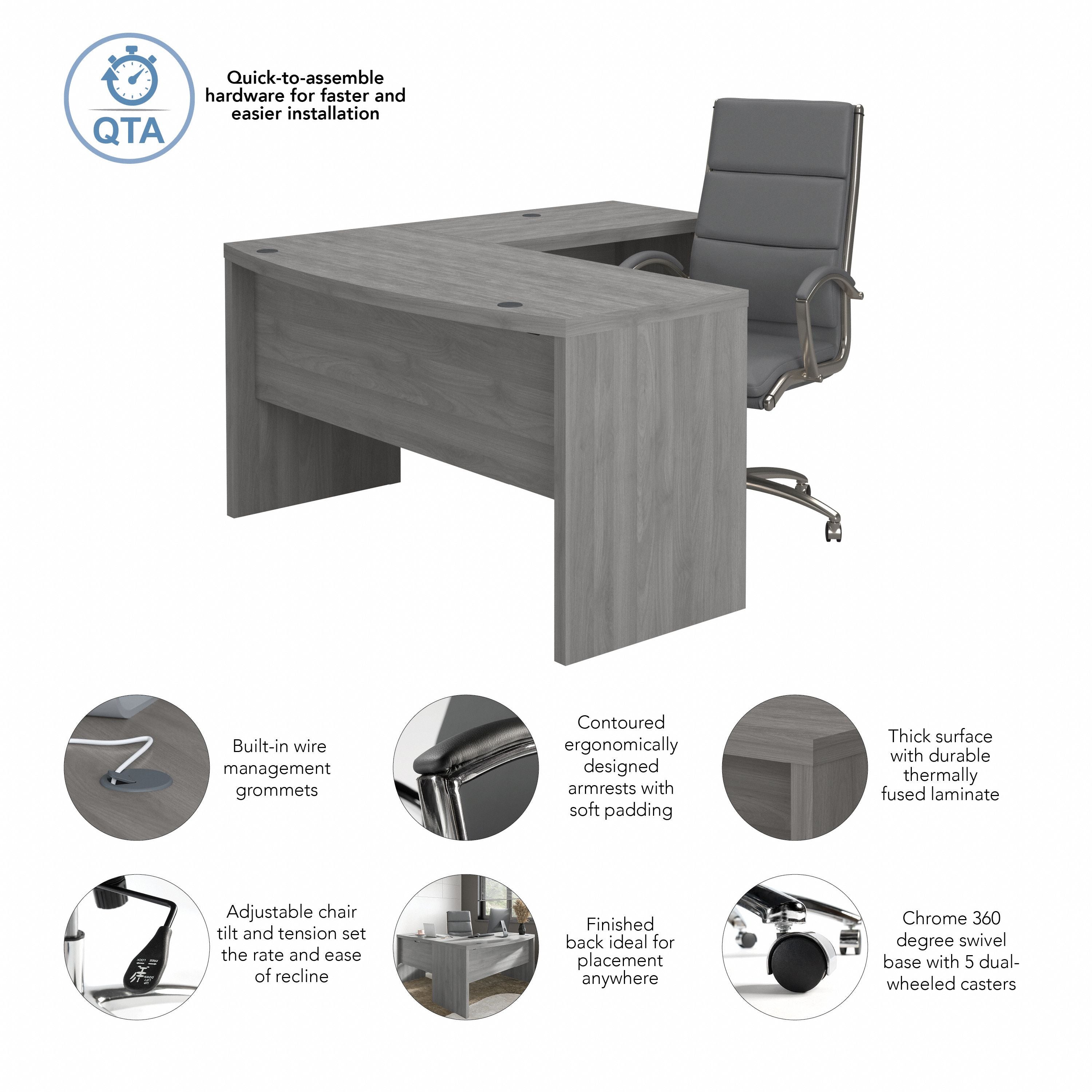 Bush Business Furniture Echo L Shaped Bow Front Desk with High Back Chair in Modern Gray - 60" Width x 64.02" Depth x 42.91" Height
