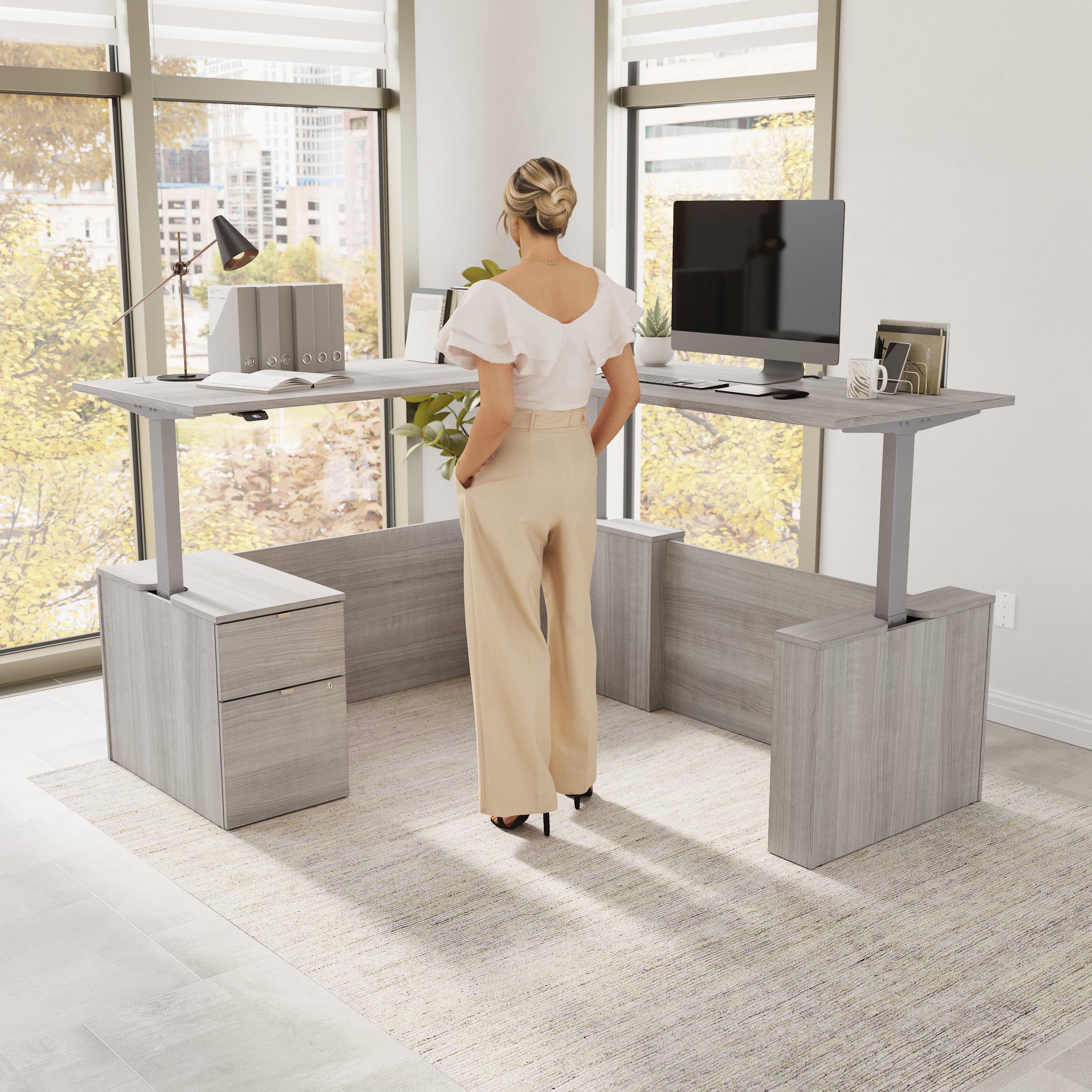 Bush Business Furniture Stratus&nbsp;72W x&nbsp;78D Height Adjustable L Shaped Standing Desk with File Cabinet in Platinum Gray with Metallic Gray Base - 71.02" Width x 76.97" Depth x 27.44" Height