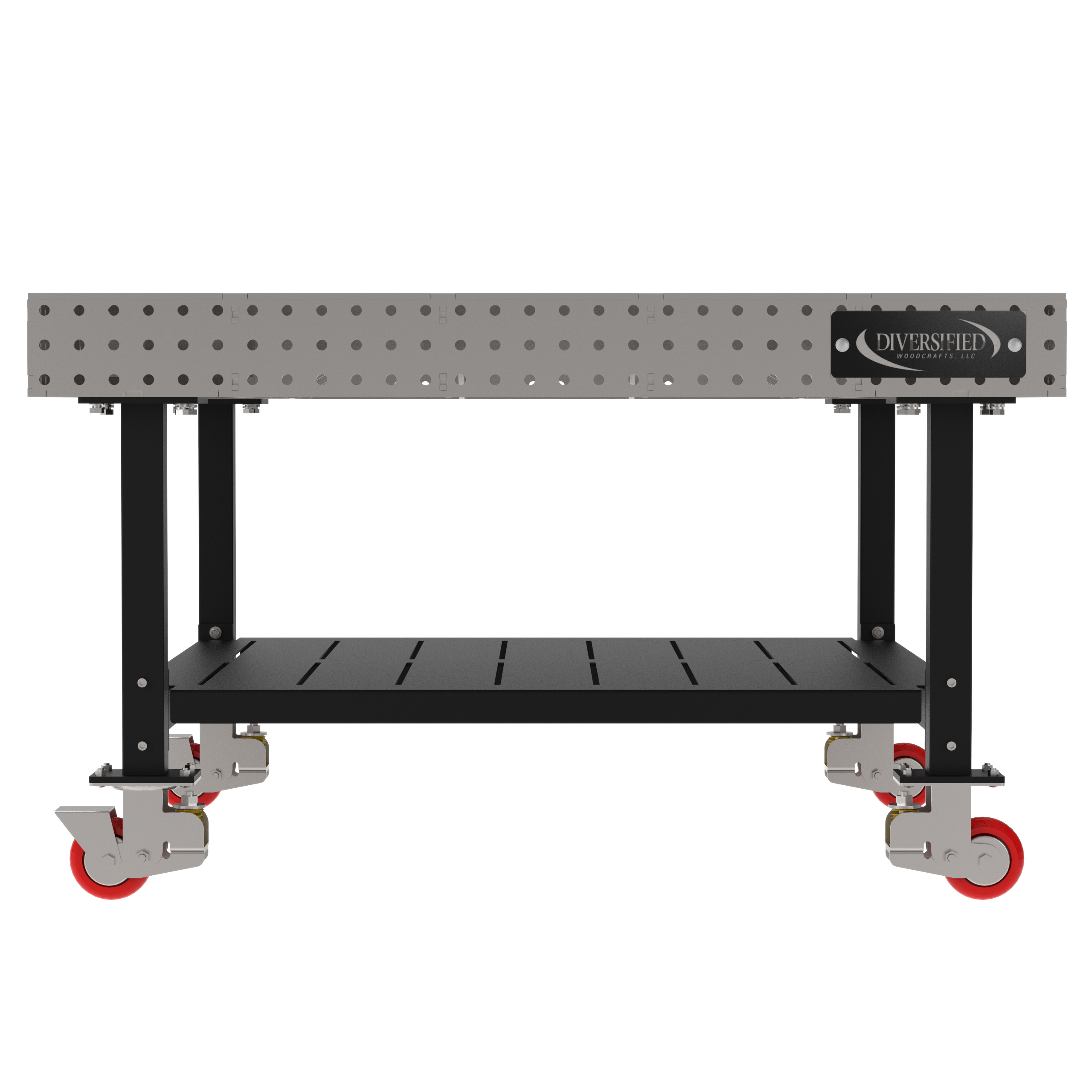 Welding Fixture Table, Fixed Height, 36"H x 60"L x 60"D, 1/4" Carbon Steel Top, Four Black Powdercoat Legs, Shelf, 4 Heavy Duty Suspension Casters (2 Locking/Swiveling Casters and 2 Non-Locking/Non-SwivelingCasters)