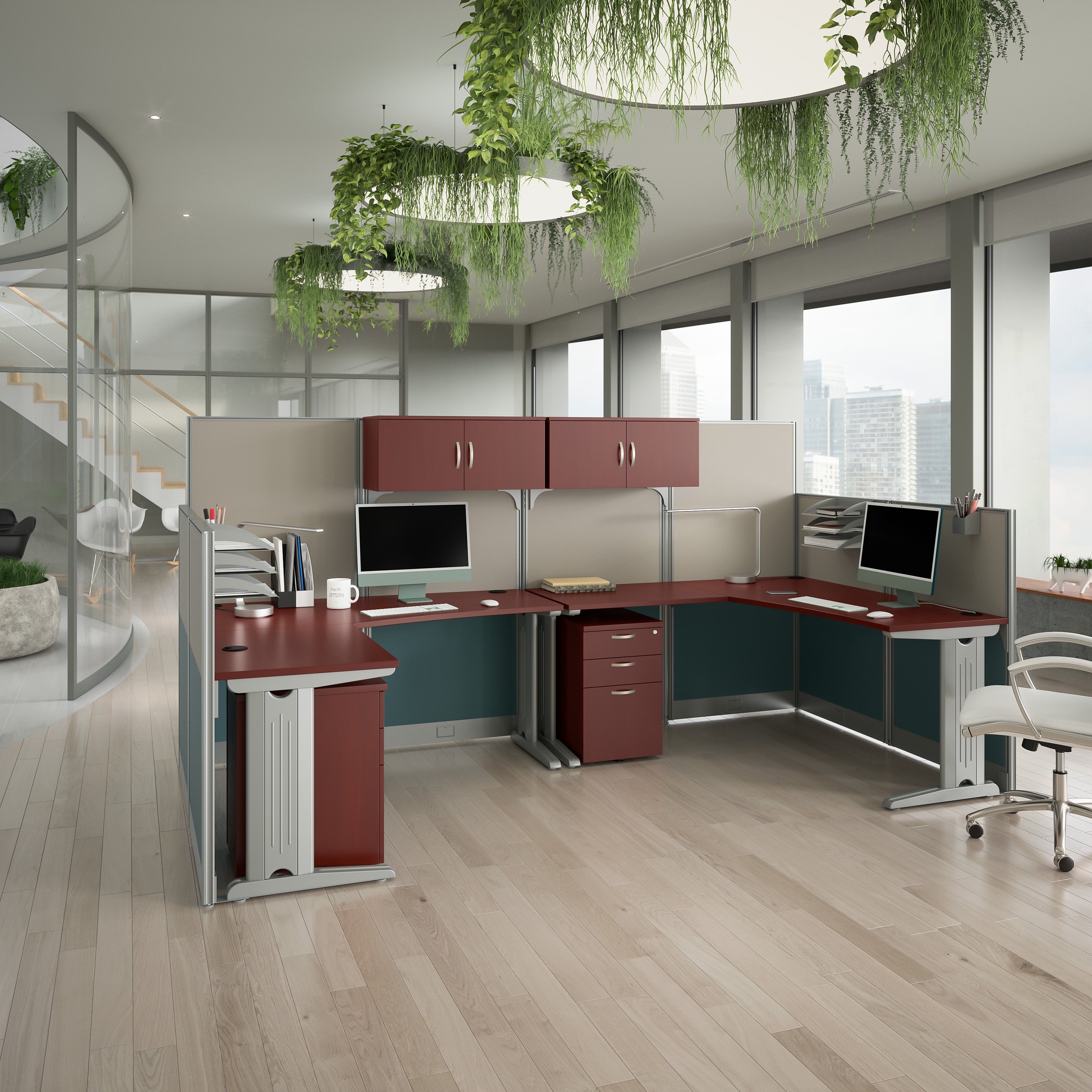 Bush Business Furniture Office in an Hour 2 Person L Shaped Cubicle Desks with Storage, Drawers, and Organizers in Hansen Cherry - 128.98" Width x 64.49" Depth x 62.87" Height