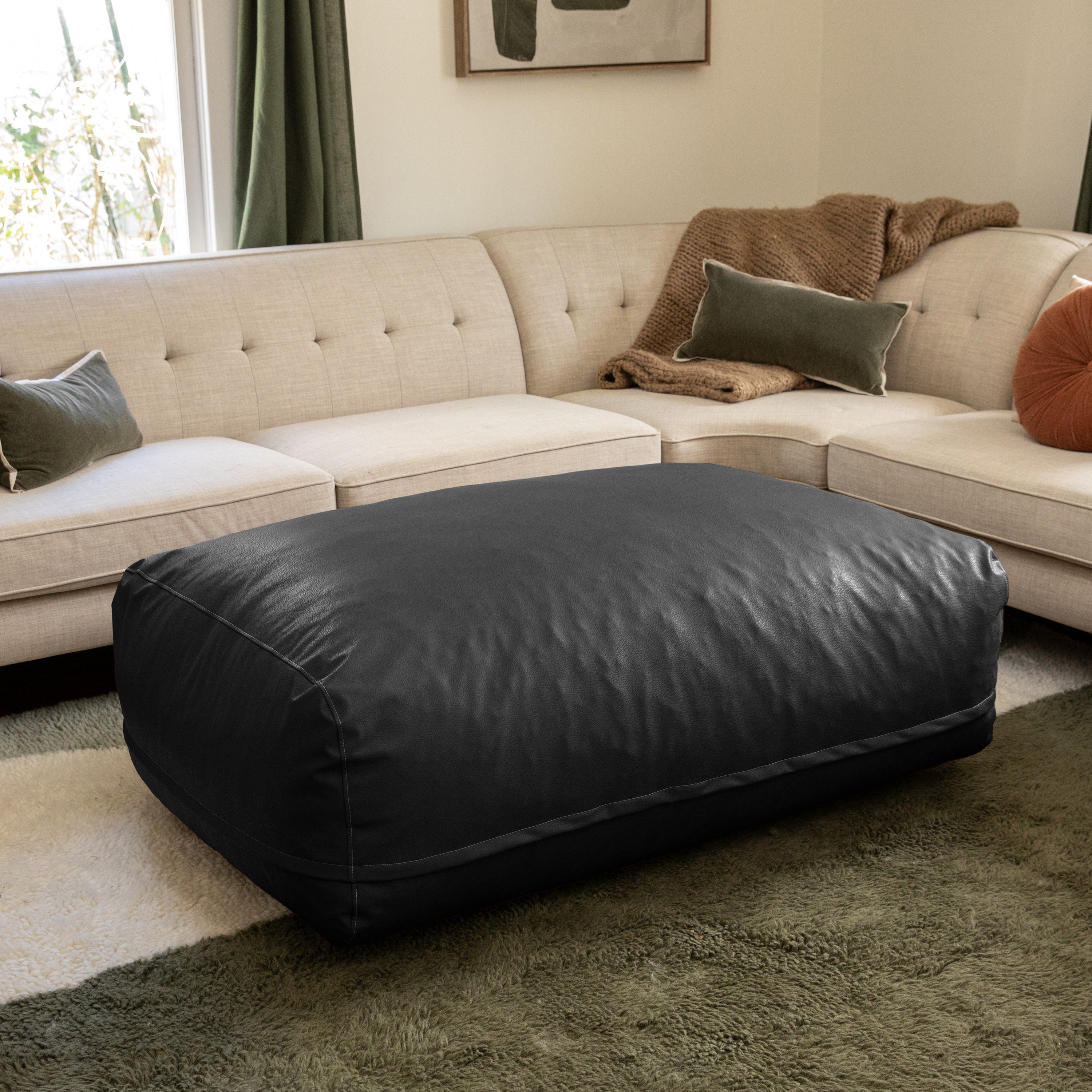 Atrium Collection Lino Ottoman - Oversized Large Couch Ottoman & Foam-Filled Lounger - Faux Leather - Black