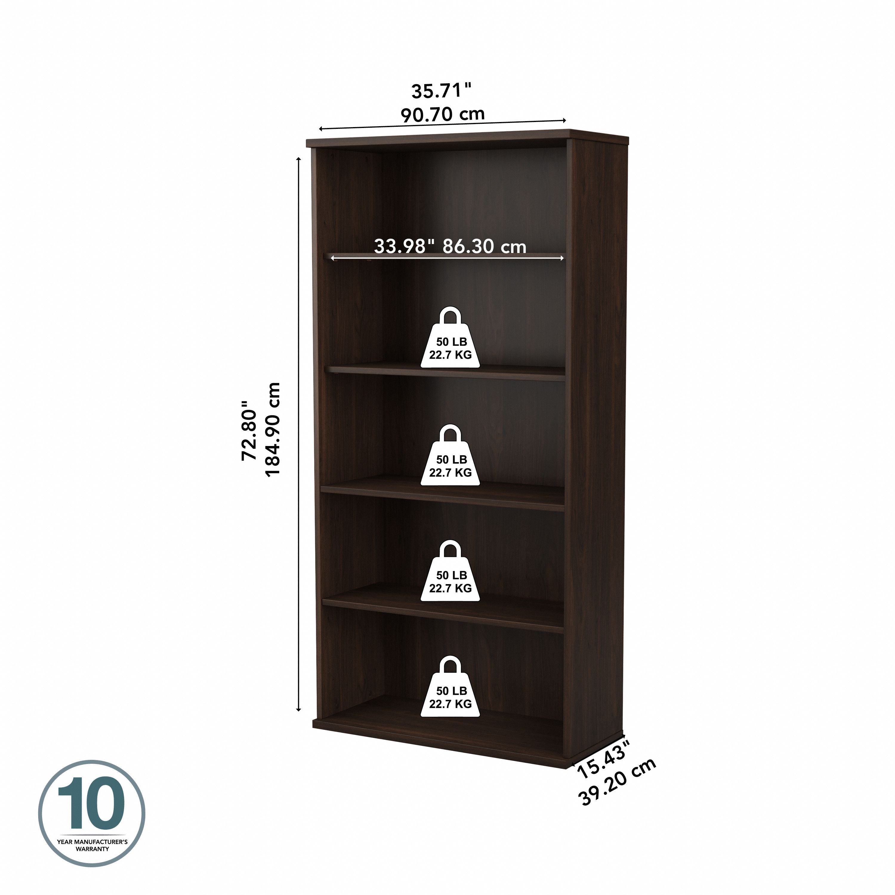 Bush Business Furniture Studio C Tall 5 Shelf Bookcase in Black Walnut - 35.71" Width x 15.43" Depth x 72.8" Height
