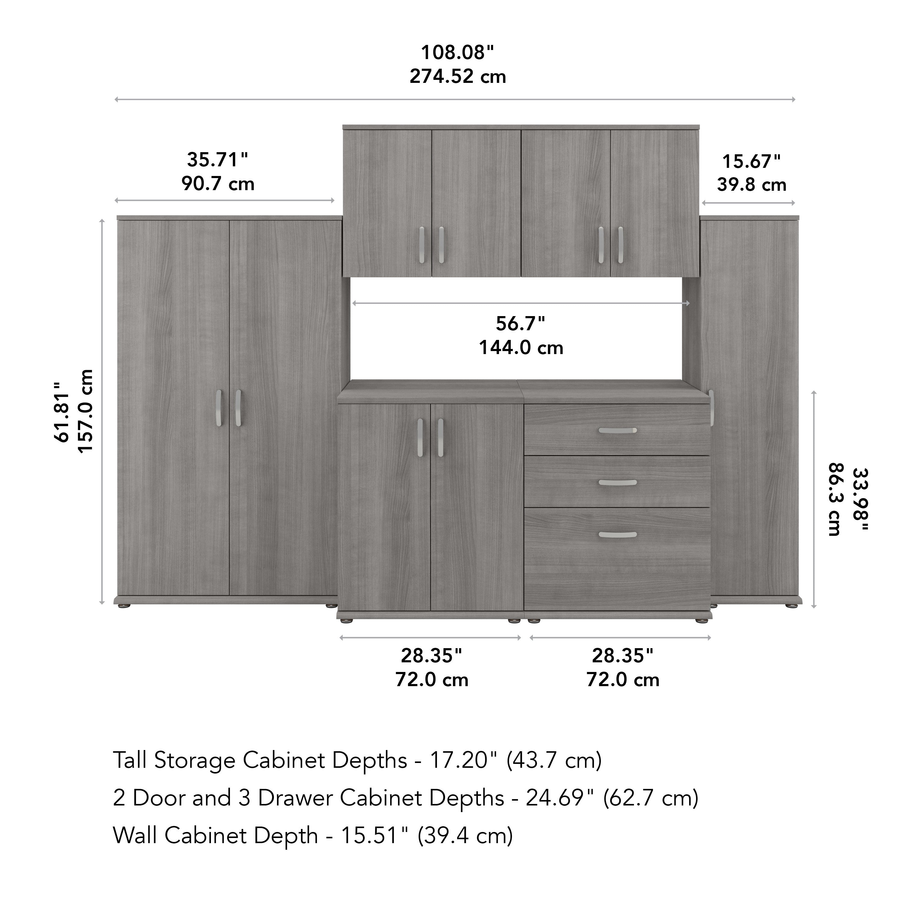 Bush Business Furniture Universal 108W 6 Piece Modular Storage Set with Floor and Wall Cabinets in Platinum Gray - 108.08" Width x 24.69" Depth x 61.81" Height