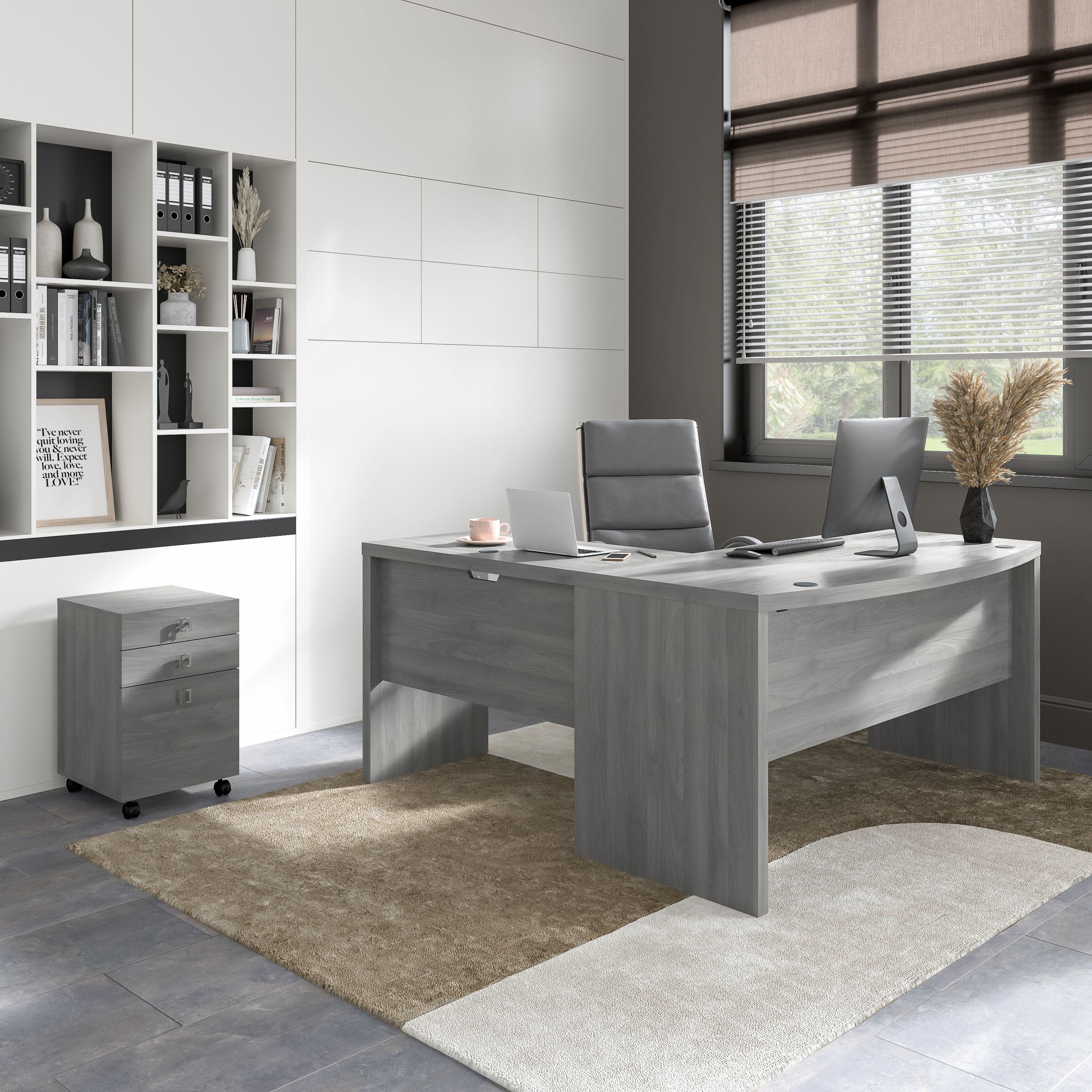 Bush Business Furniture Echo L Shaped Bow Front Desk with Mobile File Cabinet in Modern Gray - 60" Width x 64.02" Depth x 30" Height