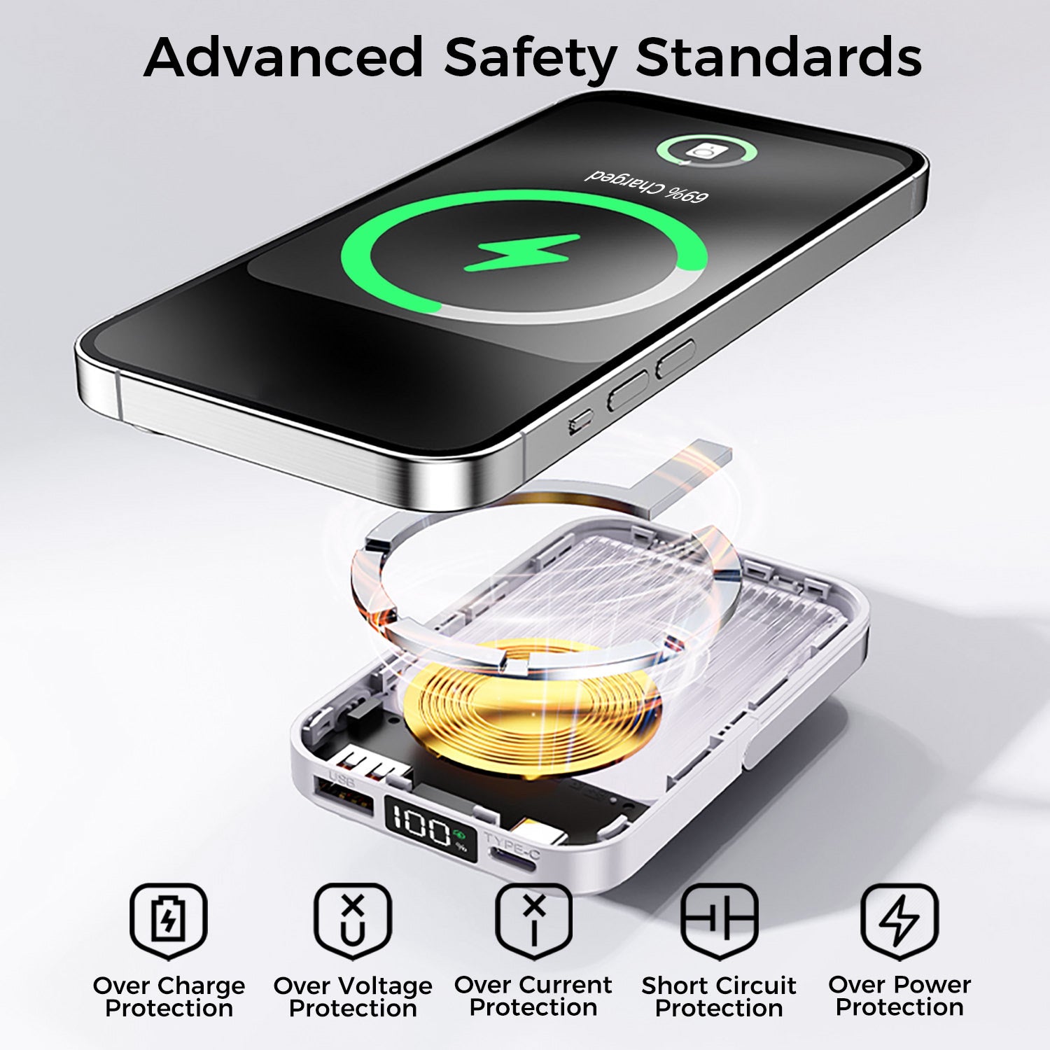 10,000mAh Magnetic Wireless Power Bank with Metal Stand + Built-in Cables, White