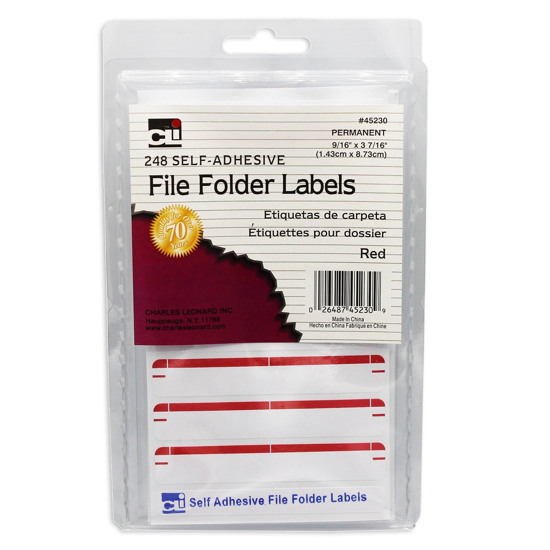 File Folder Labels, Self-Adhesive, 0.56" x 3.43", Red, Box of 248