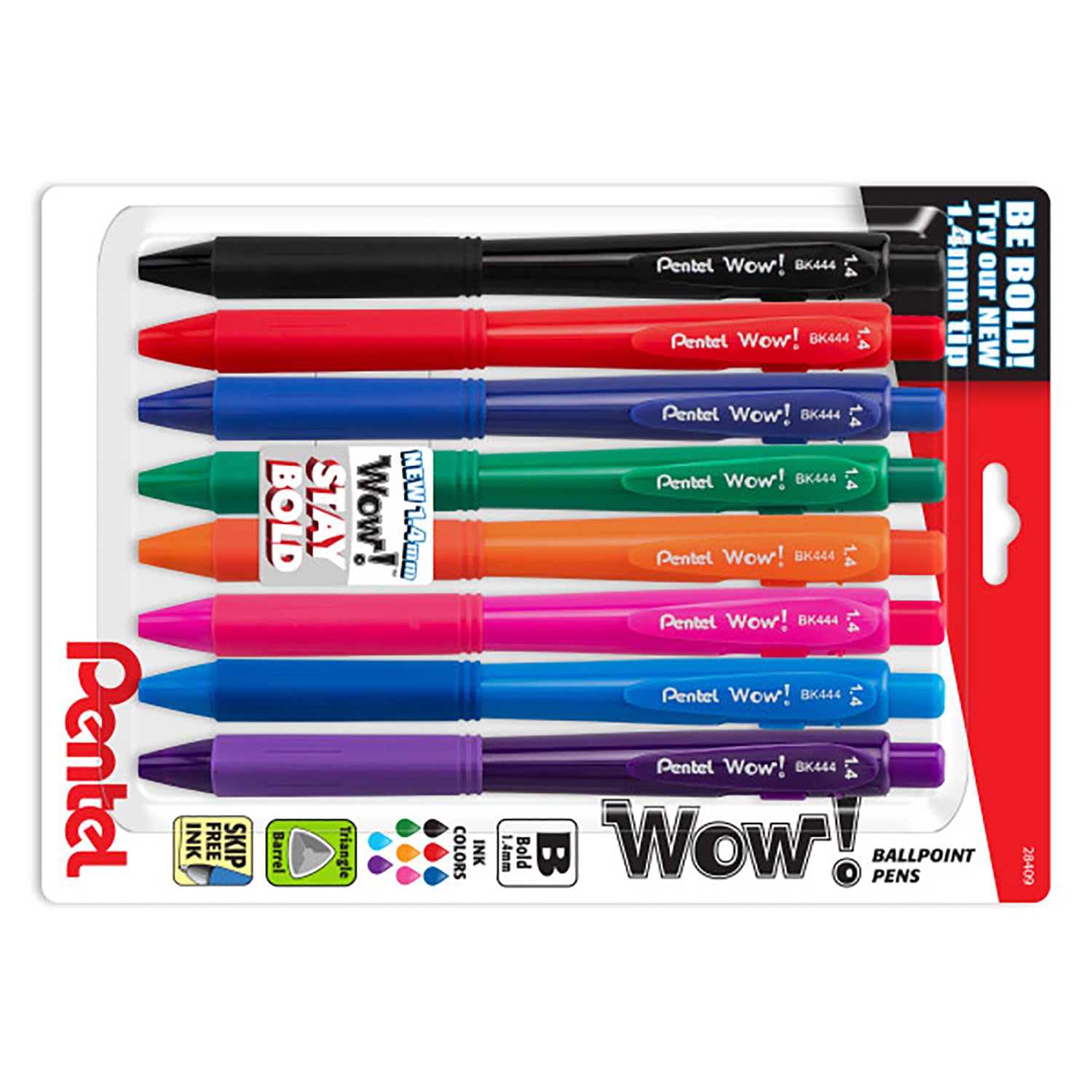 Wow! Retractable Ballpoint Pen, (1.4mm) Bold Line, Assorted Ink, 8-Pack