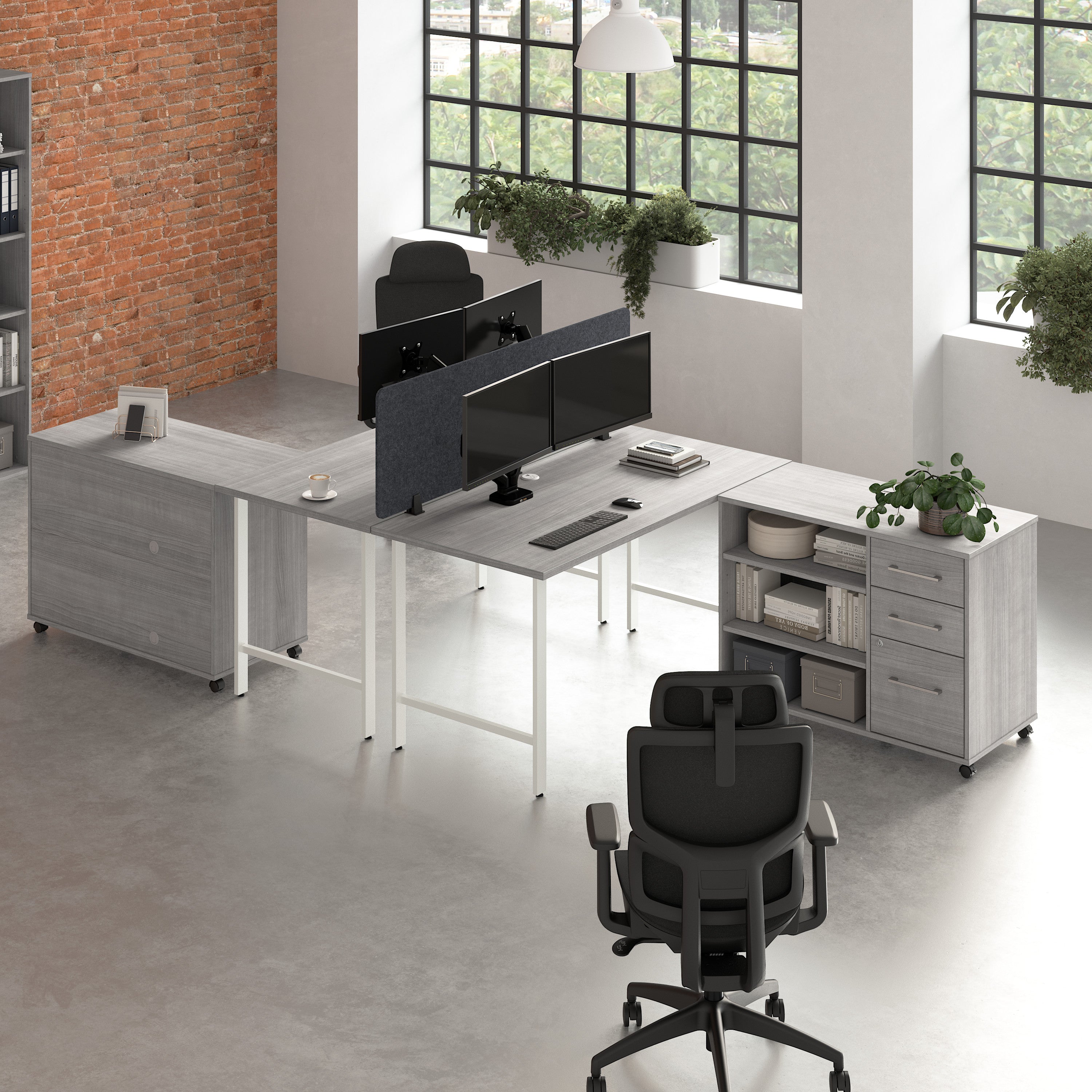 Bush Business Furniture Hustle 2 Person Computer Desk with Mobile Storage Cabinets, Power Grommets, and Privacy Screen in Platinum Gray - 59.44" Width x 29.37" Depth x 30.07" Height
