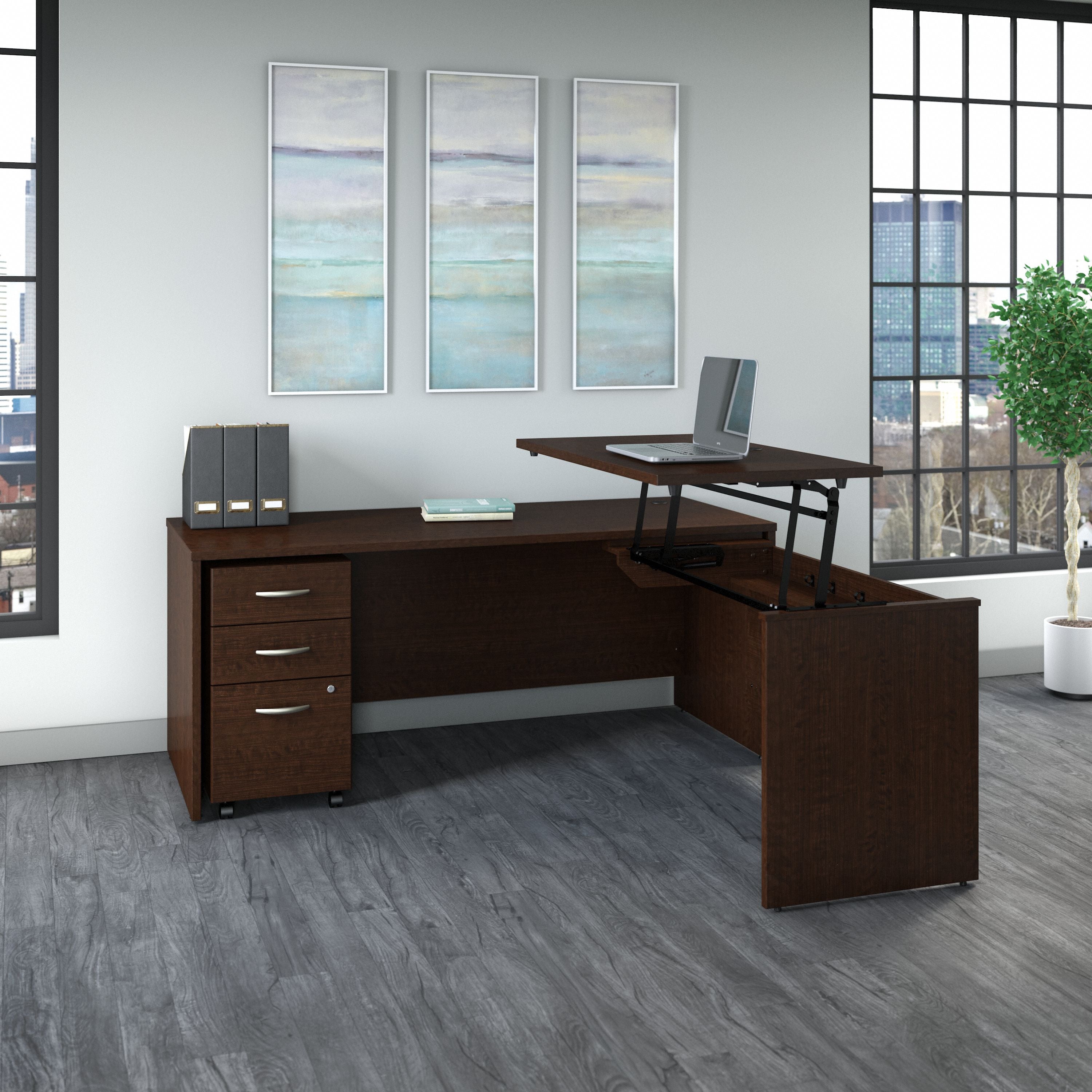Bush Business Furniture Series C 72W x 30D 3 Position Sit to Stand L Shaped Desk with Mobile File Cabinet in Mocha Cherry - 71.1" Width x 72.01" Depth x 29.84" Height