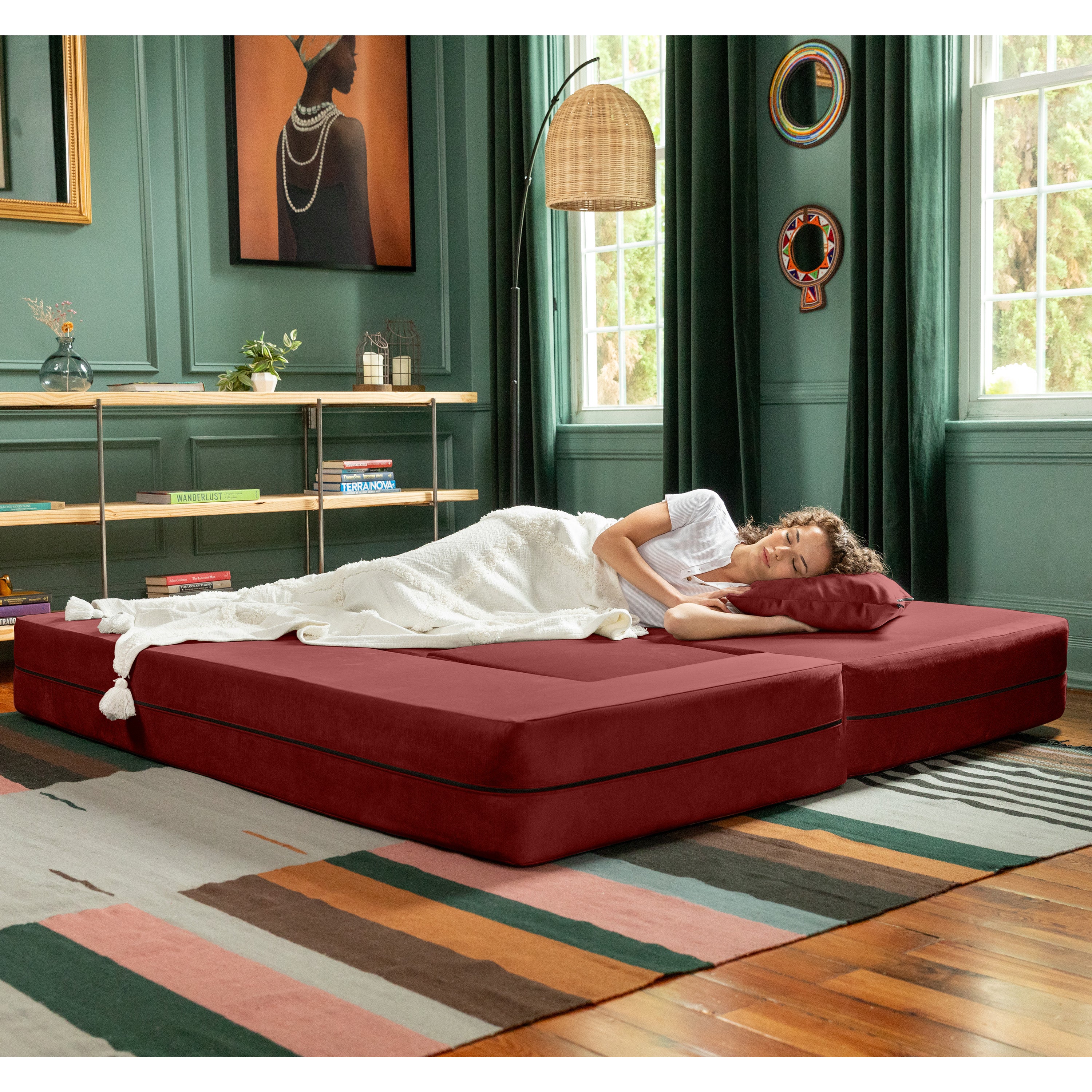 Jaxx Zipline Convertible Sleeper Sofa & Three Ottomans/California King-Size Bed, Textured Microvelvet - Berry Red