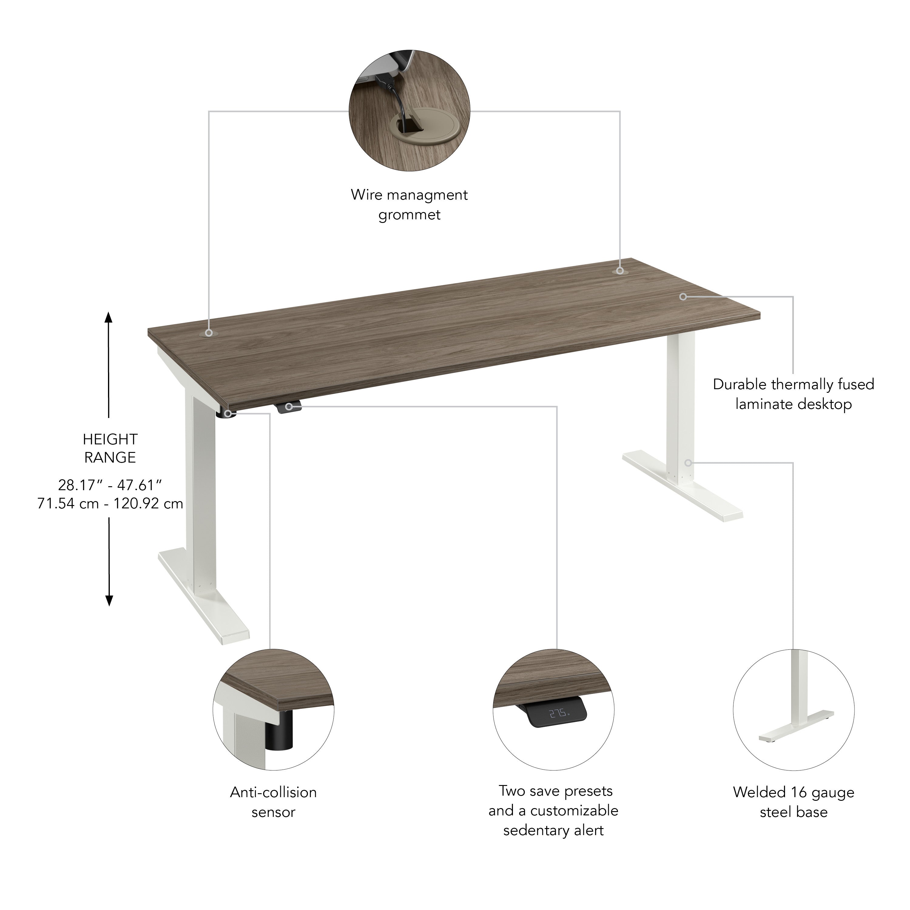 Bush Business Furniture Move 40 Series 72W x 30D Electric Height Adjustable Standing Desk in Modern Hickory with White Base - 71.02" Width x 29.37" Depth x 28.17" Height