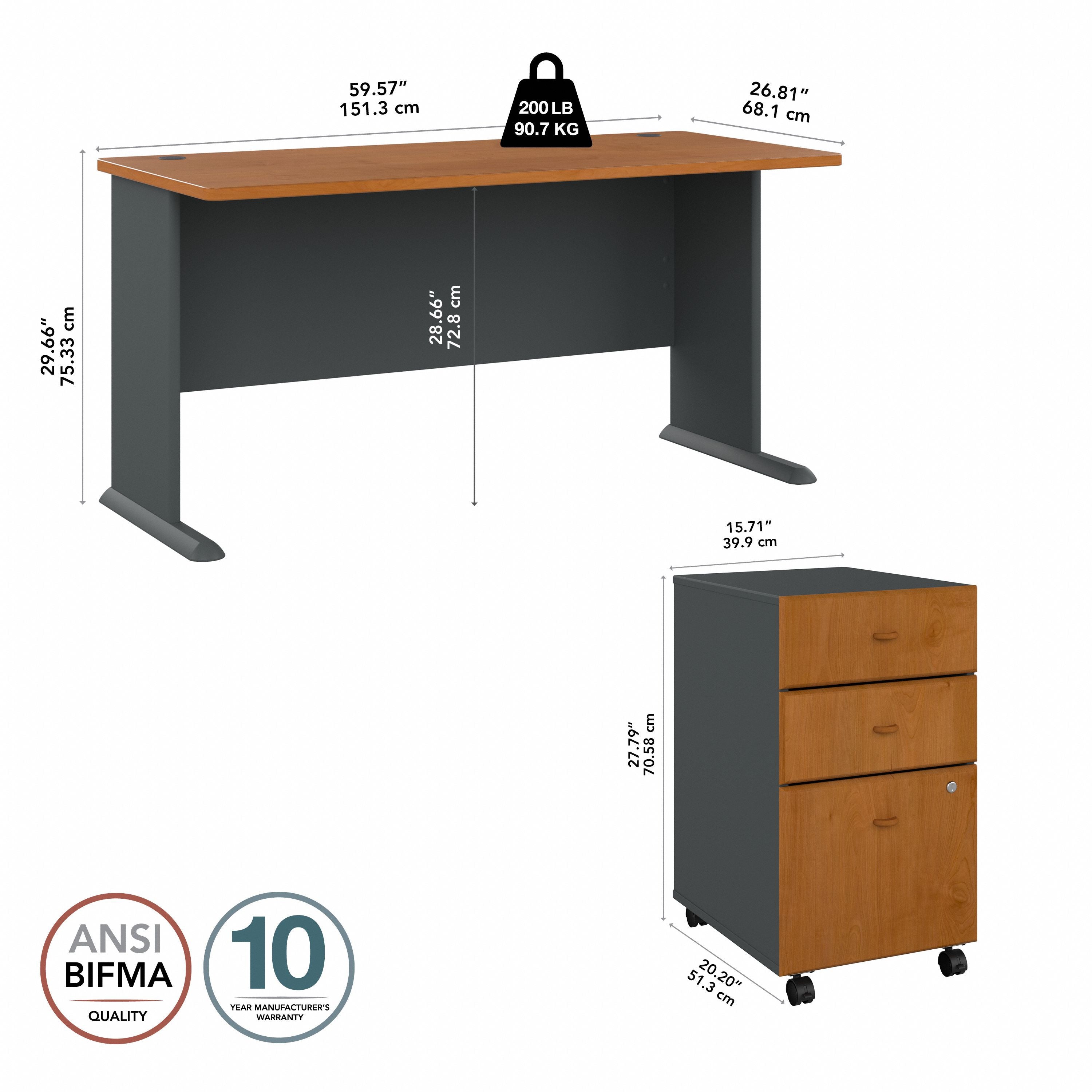 Bush Business Furniture Series A 60W Desk with Mobile File Cabinet in Natural Cherry and Slate - 59.57" Width x 26.81" Depth x 29.66" Height